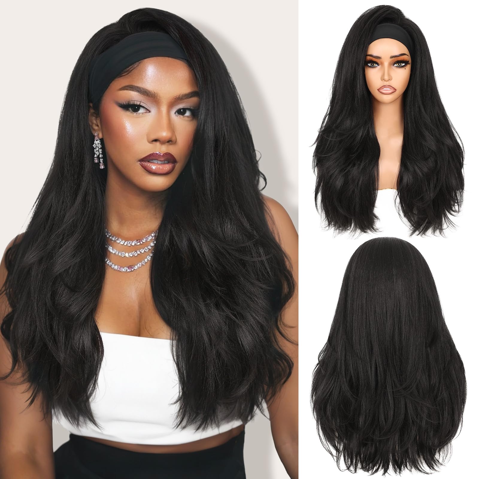 WIGNEE Yaki Curly Bandeau Perruque Synthétique Stratifiée Kink Droite Demi-Prête à Porter Sans Colle Bandeau Perruque pour Femmes Noires (1B, 66cm)