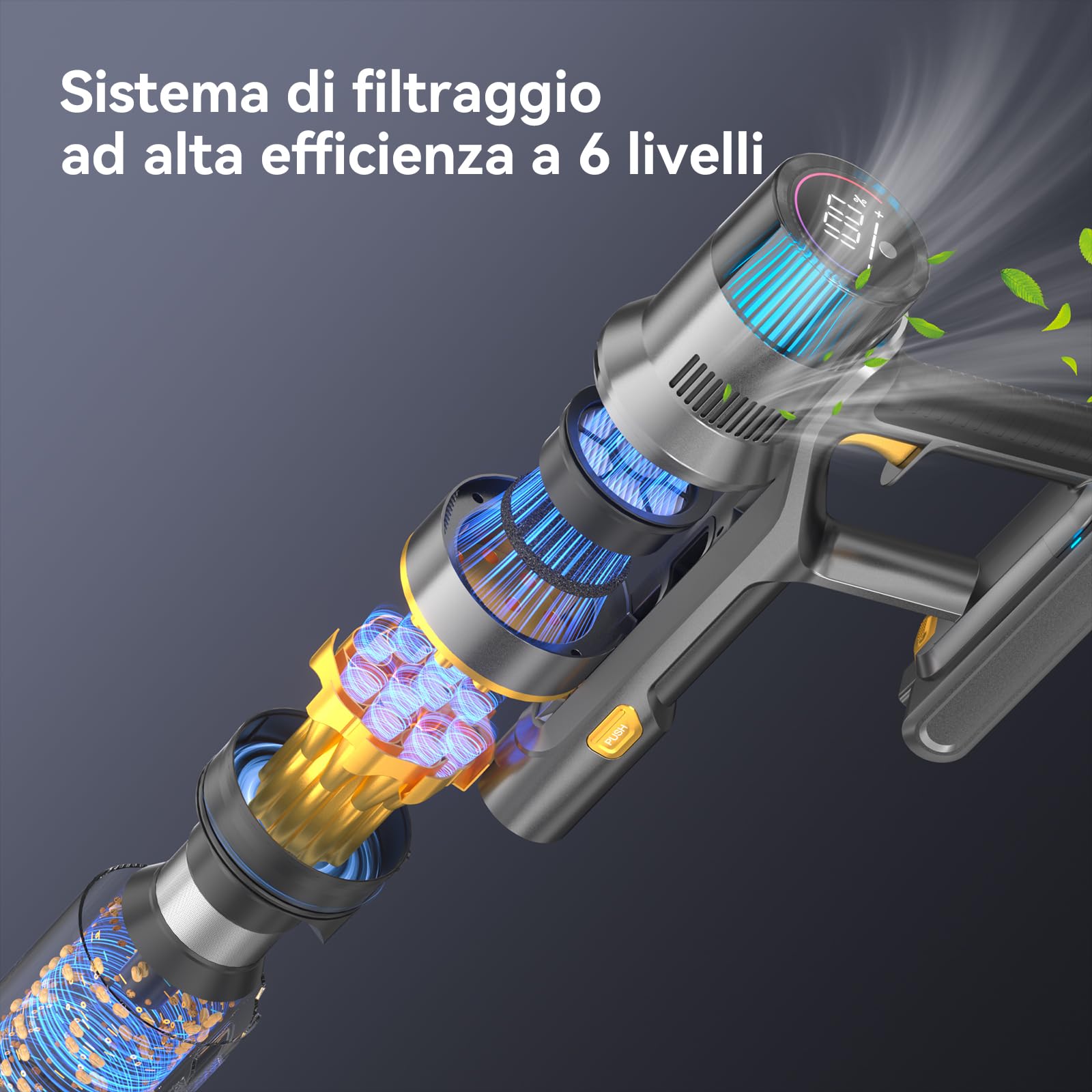 Aspirapolvere senza Fili,Scopa Elettrica senza Fili Potente 580W/55Kpa per Pavimenti duri e Tappeti,75 Min di Autonomia,Spazzola a rullo Anti-groviglio,LED Touchscreen Intelligente