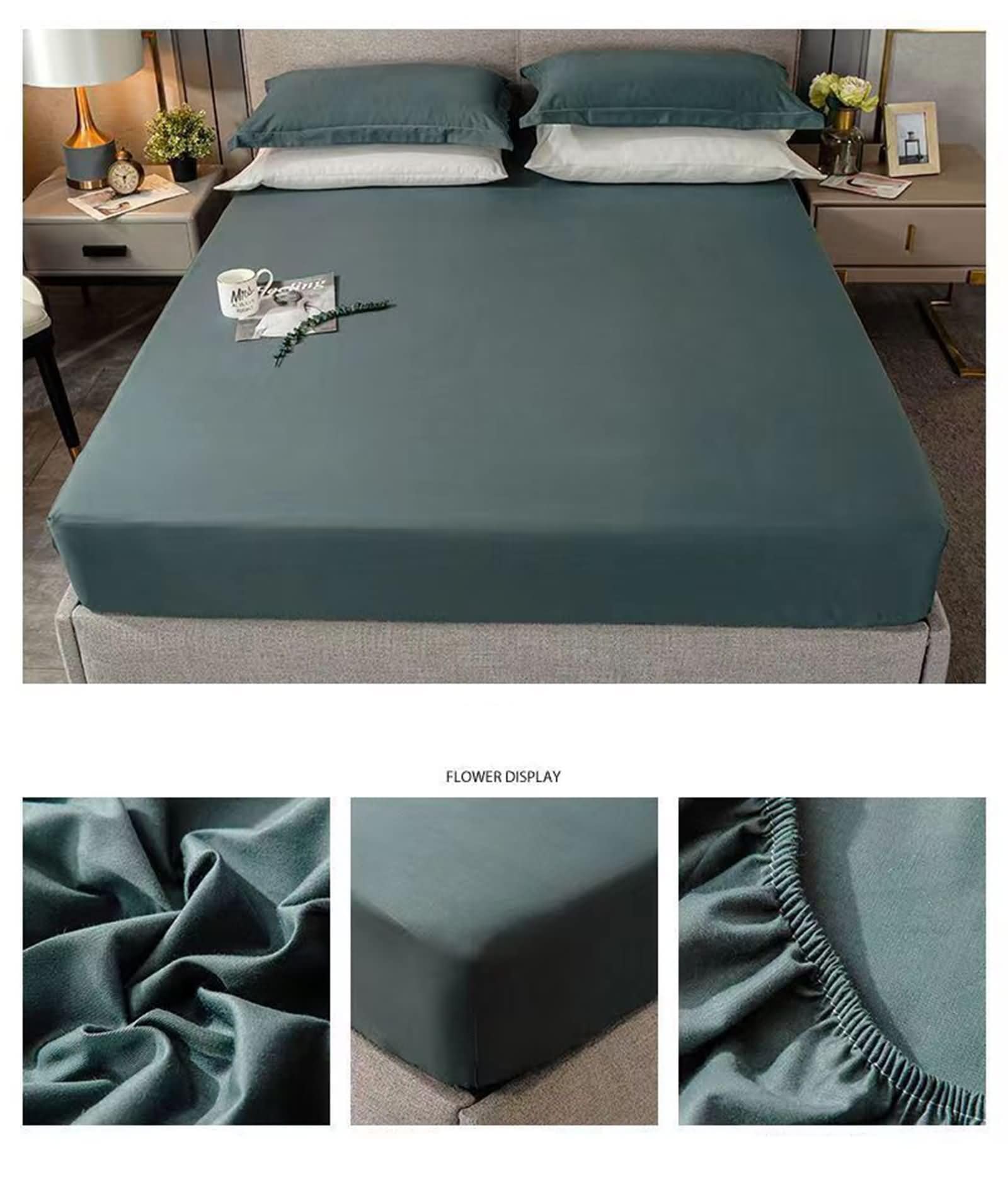 Drap Housse en Fibre de Bambou Élastique Lit Double, Couleur Unie, 180 x 200 CM, Vert Foncé