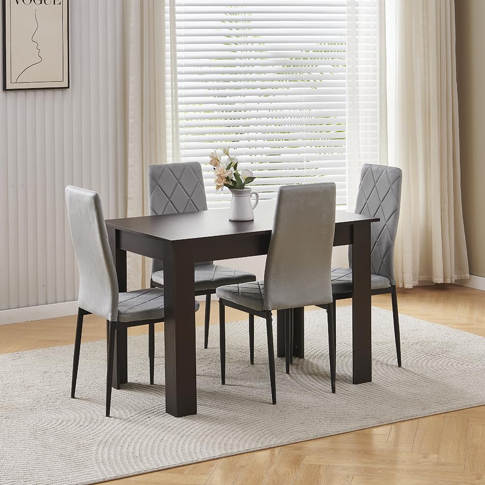 Menaka Wood Dining Table and Chairs Set of 4, Small Rectangular Kitchen Dinner Table with 4 Seaters (argyle grid grey velvet chairs, 110cm black walnut table, 4 seaters)