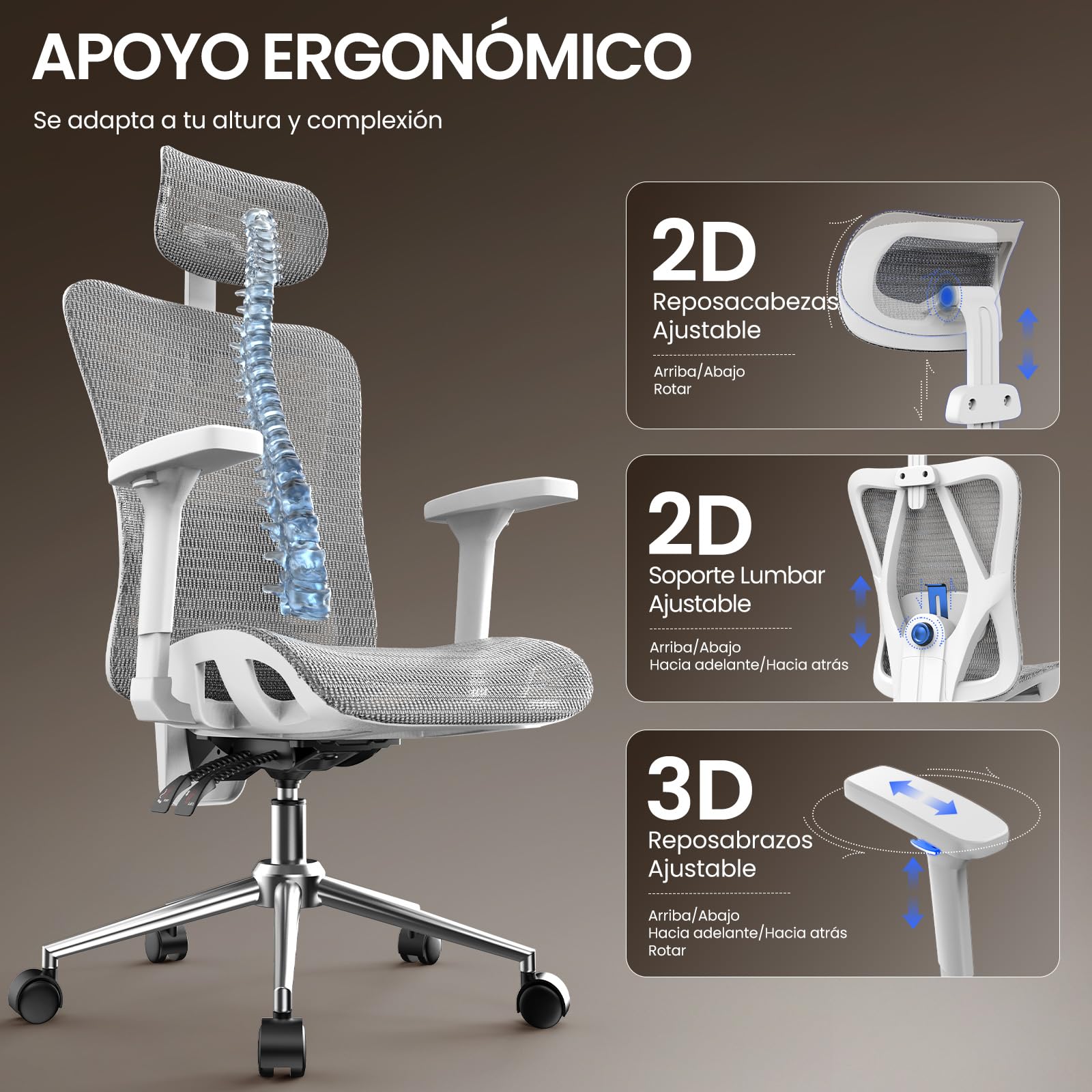 naspaluro Silla de Oficina Ergonómica con Reposacabezas, Respaldo Ajustable en 3 Posiciones, Carga hasta 150kg, Silla de Escritorio para Oficina y Home Office, Gris Claro