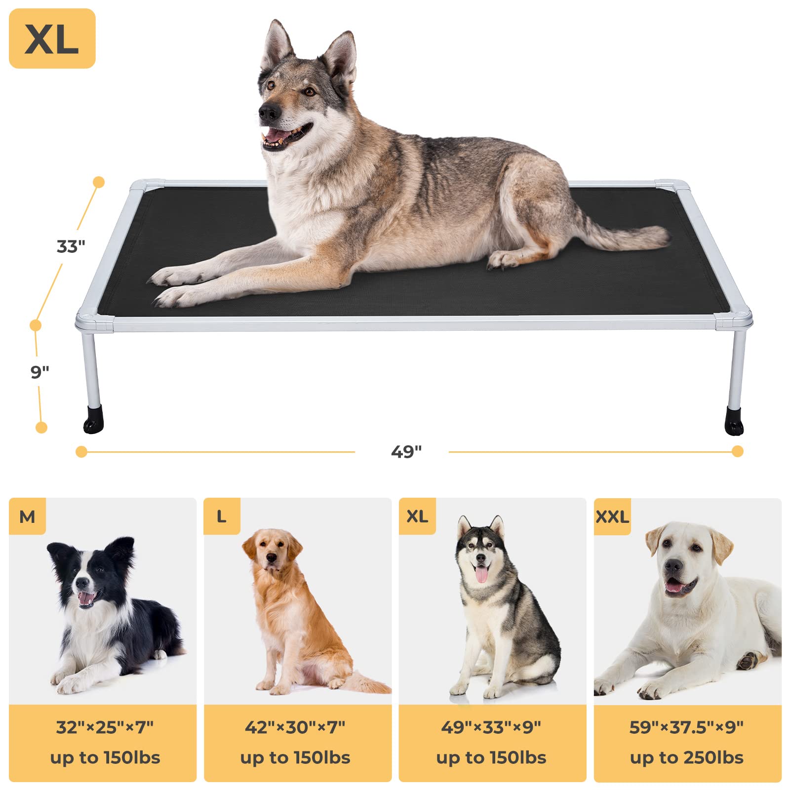 Veehoo Large Elevated Dog Bed â€“ Chewproof Cooling Raised Dog Cots Beds, Outdoor Metal Frame Pet Training Platform with Skid-Resistant Feet, Breathable Textilene Mesh, 49 x 33 x 9 inch, Black