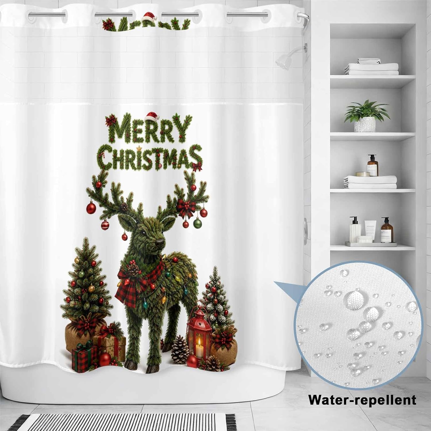 Merry Christmas No Hook Shower Curtain Winter Green Evergreen Xmas Tree Gift Boxes Shower Curtain with See Through Top Window, Waterproof Washable Fabric Curtain for Bathroom Hotel Decor, 72Wx72L image 2