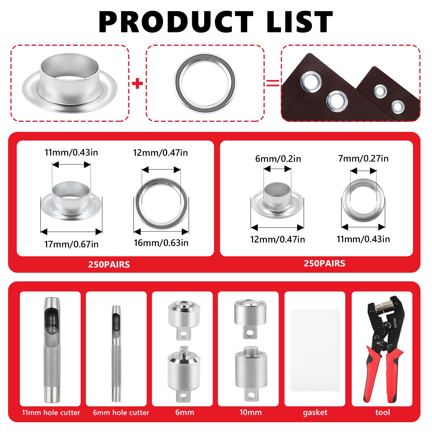 Kit di attrezzi per occhielli da 1 cm 0,6 cm per teloni in pelle con 500 paia di occhielli e occhielli, strumento resistente per occhielli da 1 cm con fustella da 0,6 cm, 500 paia di occhielli