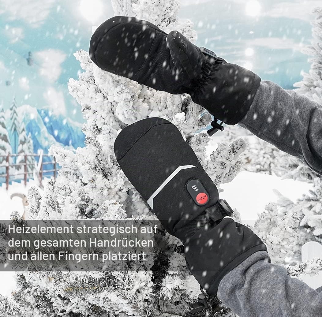 Beheizbare Ski-Fäustlinge – 7,4 V 2200 mAh Akku, 3 Heizstufen (40/50/60 °C), volle Finger-Heizfläche, wasserabweisend & Winddicht, Touchscreen, Verstellbarer Handgelenkriemen, Unisex Damen/Herren