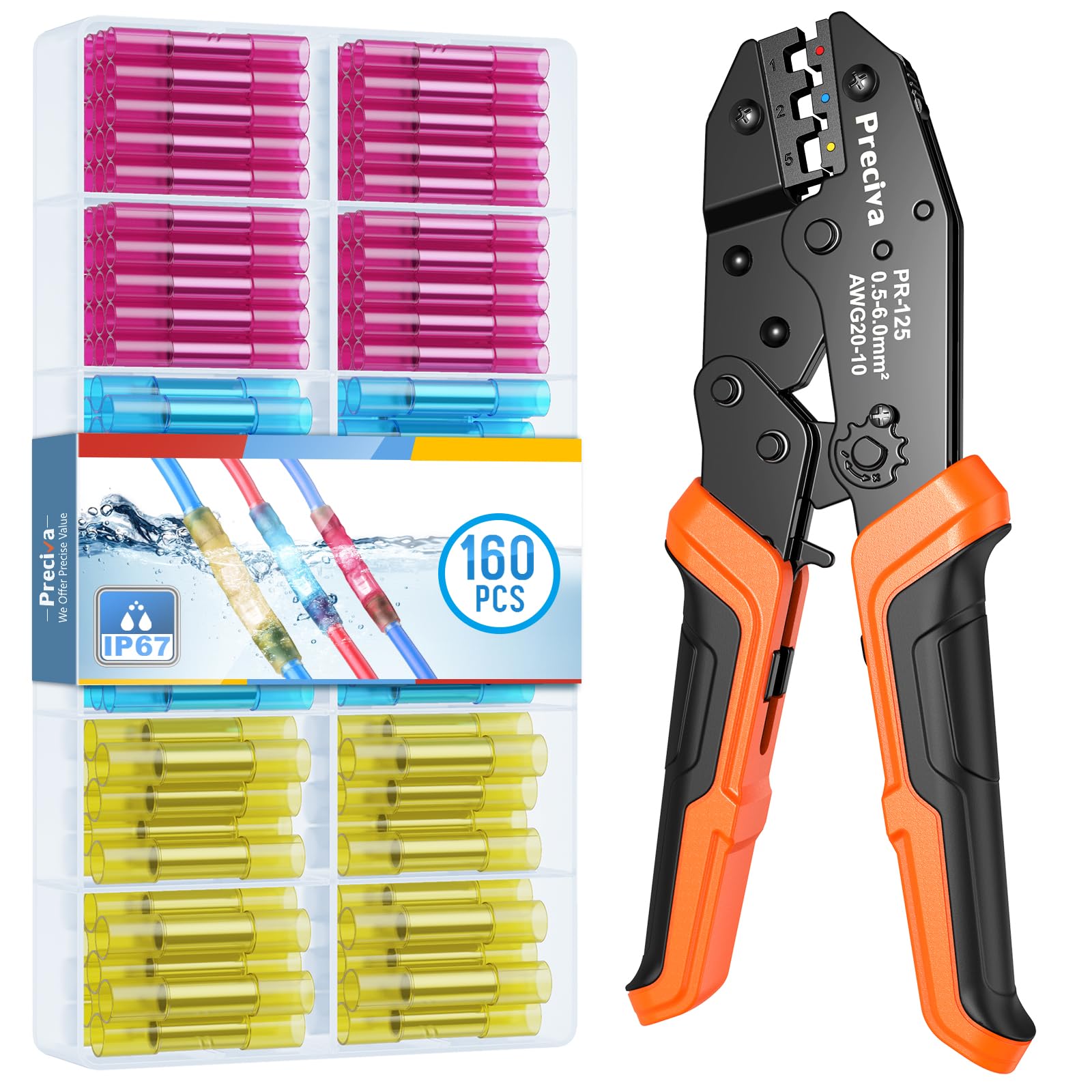 Pince à Sertir de Connecteurs Thermorétractables, avec 160pcs de Connecteurs étanches IP67, Outils de Sertissage isolés Preciva 0.5-6.0 mm²/AWG 22-10, acier Trempé 45#, Structure Solide
