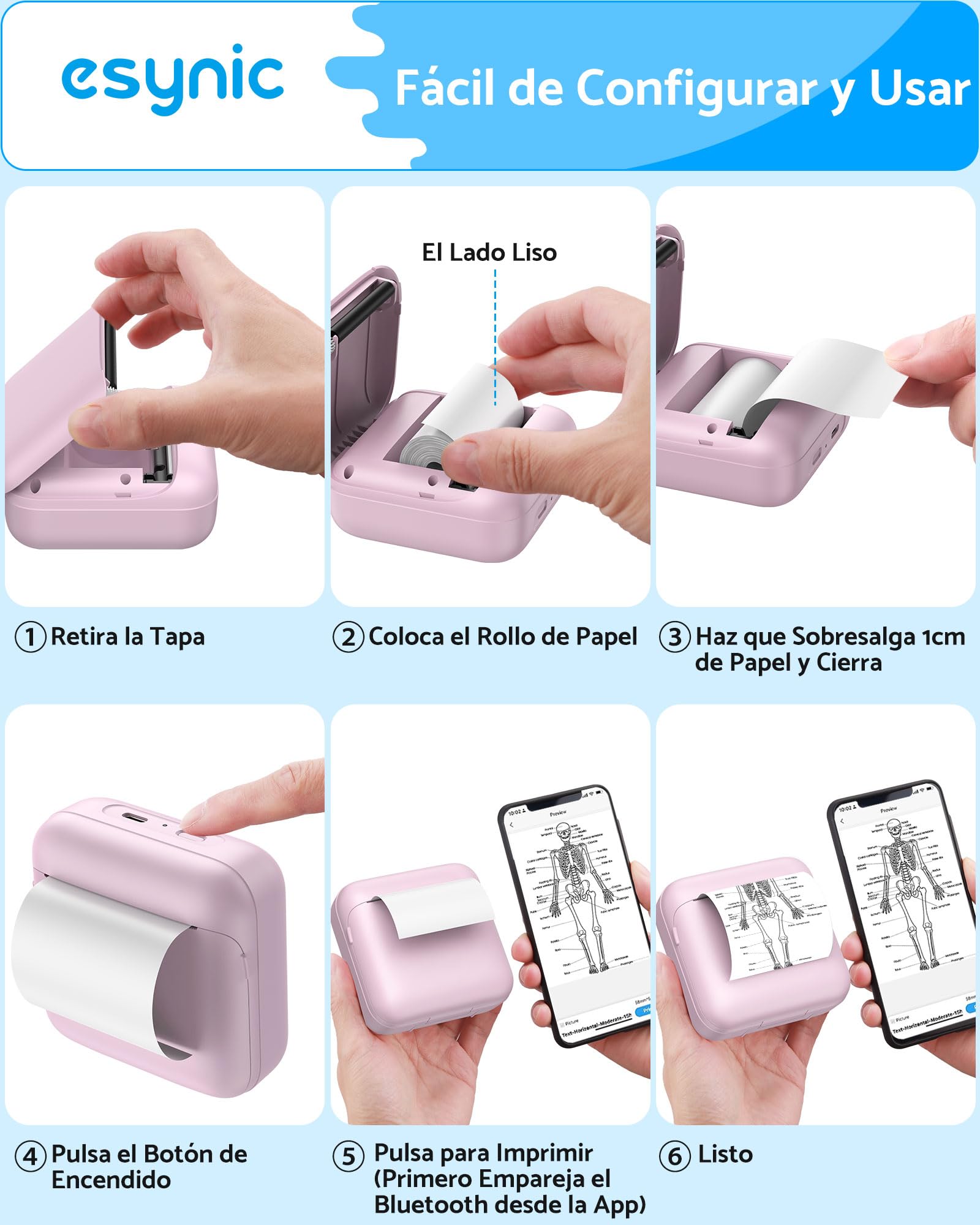 eSynic Mini Impresora Térmica Portátil Sin Tinta Impresora Compacta Bluetooth para Fotos Texto y Stickers Impresión Rápida en Casa y Oficina Compatible Android e iOS Incluye Papel y Accesorios-Rosa