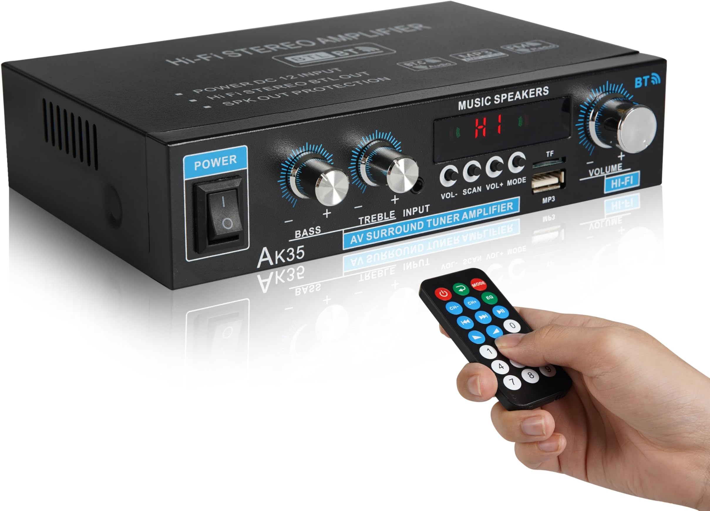 Stereo Home Audio Amplifier Bluetooth 5.0 Receiver 100Wx2 Dual Channel Speaker Amplifier with FM Radio, USB, SD Card Input for Home Theater Audio Stereo System with Remote Control