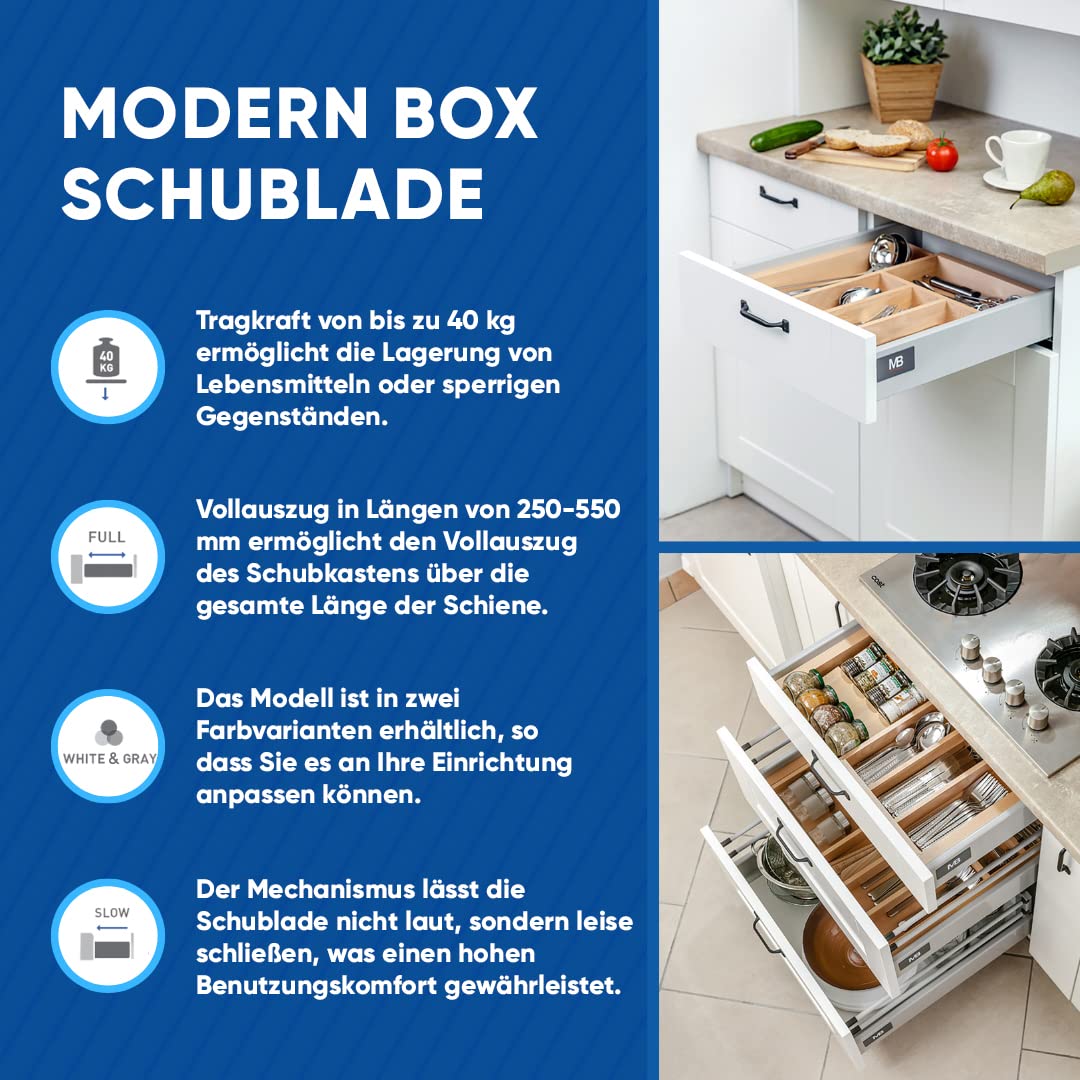 GTV - Modern Box Schublade I L=500mm H=83 mm I Grau I Leises Schließen I Belastung bis zu 40 kg I Einfache Installation I Synchronisation des Fahrweges der Führungen I PB-D-KPL500A