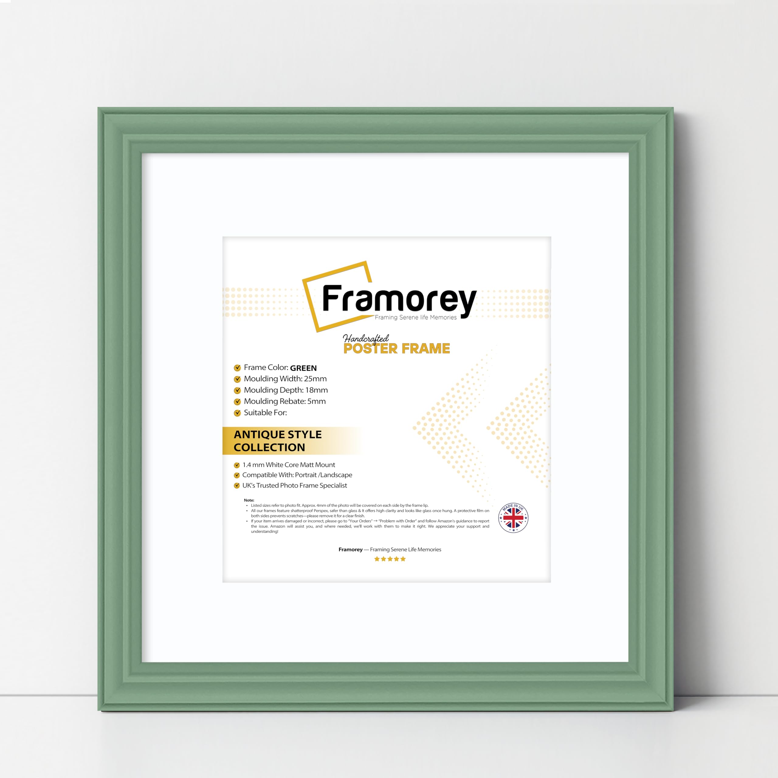 FRAMOREY Square Photo Frame, 13x13" Size Green Picture Frame With 11x11" Size White Mount, LW Antique Style Home Wall Decor Frame, Wall Hanging Art Poster Frame, MDF Wood Frame