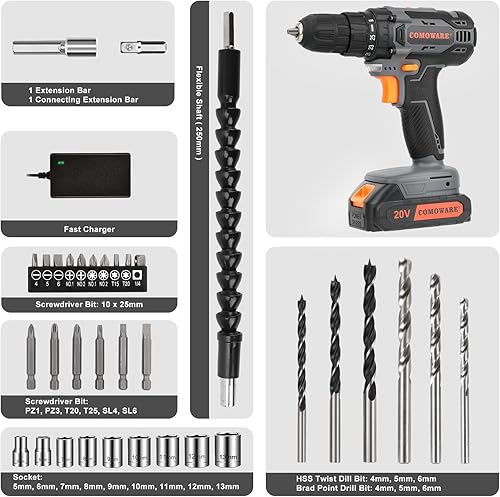 Miniatura 10 de COMOWARE Juego de taladro inalámbrico, taladro eléctrico de 20 V, juego de taladro rosa para mujer, 1 batería y cargador, portabrocas sin llave de