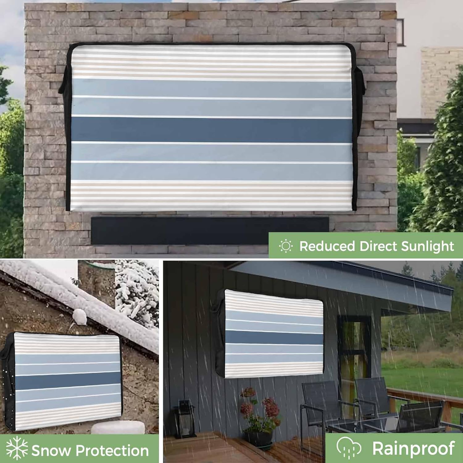 Outdoor TV Cover 85 Inch Ombre Blue Striped TV Enclosure Grey Lines Stripes TV Covers for Outside TV Display Screen Protector with Remote Control Pocket Home Decor