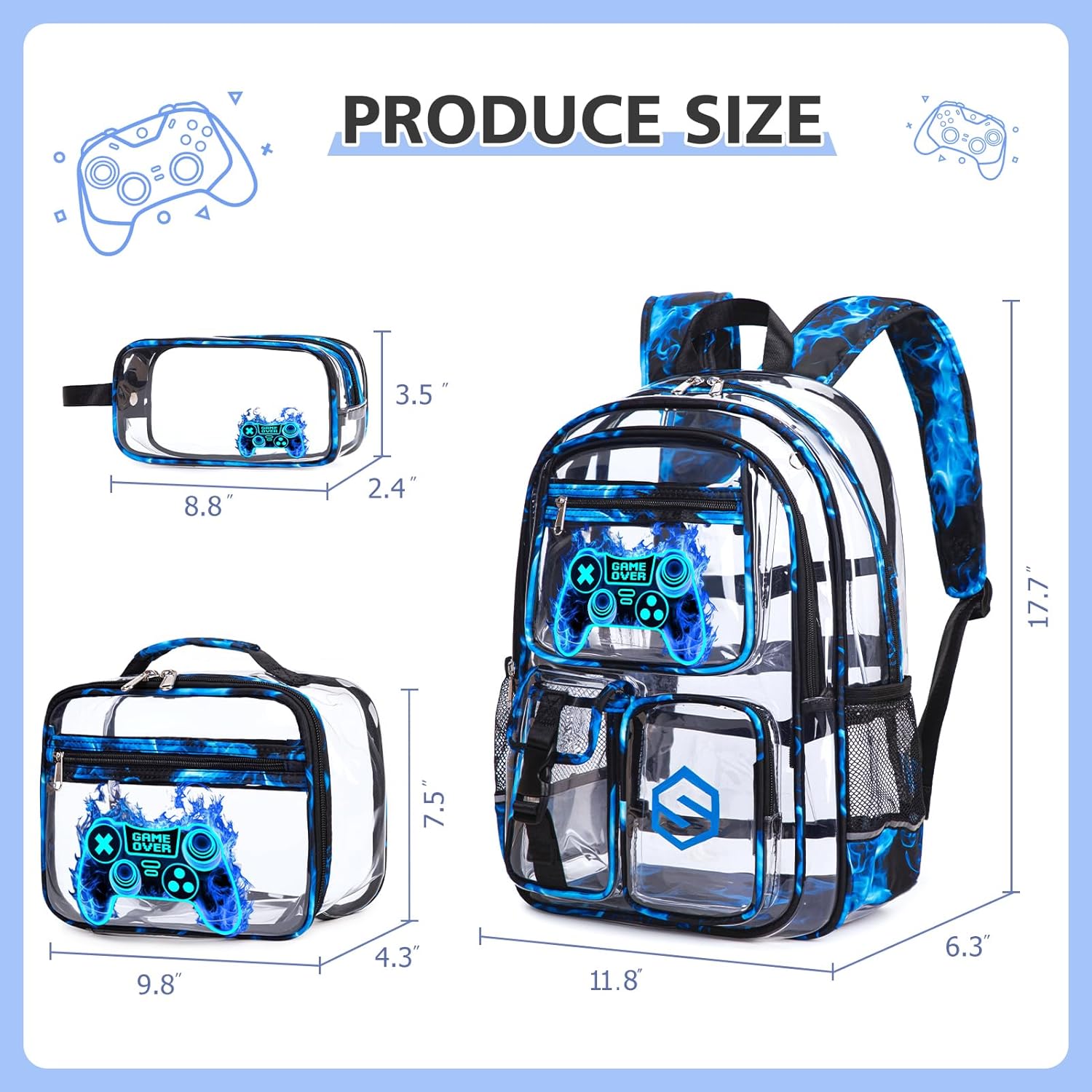3PCS Cool Luminous Clear Backpack for Boys Kids, Gamer Clear Bookbag for School, See Through PVC Transparent Backpacks with Lunch Bag Pencil Case, Backpack Heavy Duty for School Stadium - Image 2