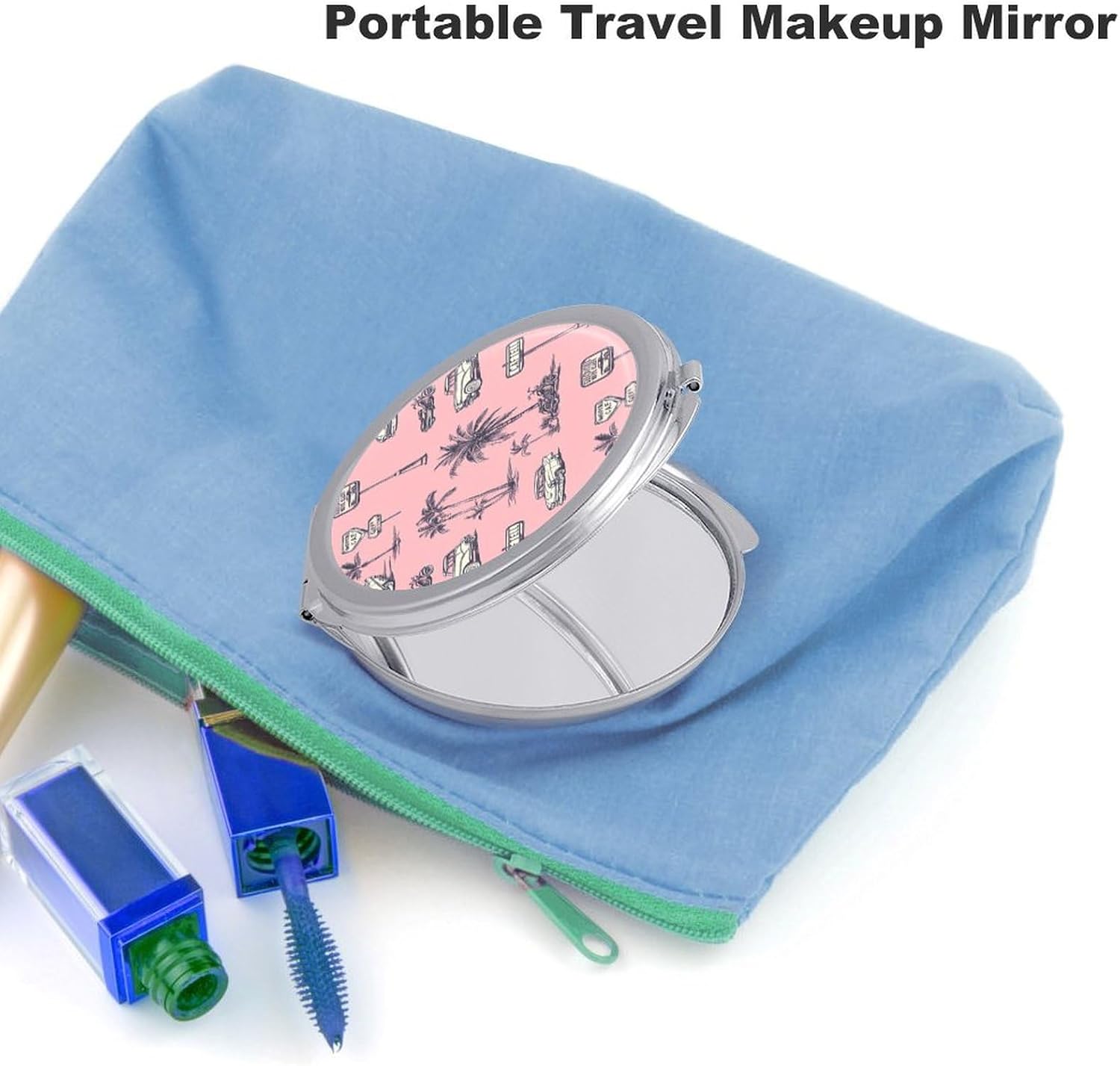 Classic-Car Beach Palm Trees Compact Makeup Mirror Mini Foldable Cosmetic Mirror Portable Travel Mirror for Purse Pocket