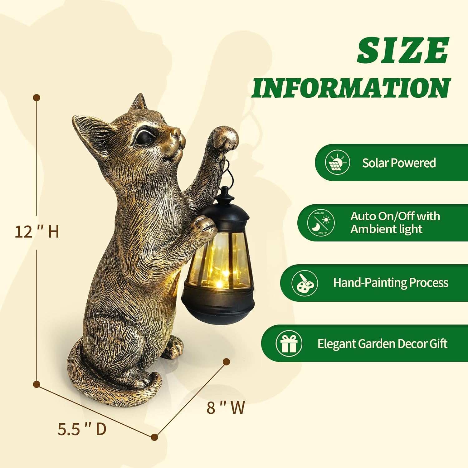 HONGLAND Cat Outdoor Statues Garden Decor, Cat Figurines Solar Lantern Lights, Birthday Gifts for Mom, Front Patio Balcony Yard Art Lawn Ornaments Porch Outdoor Decorations - Image 4
