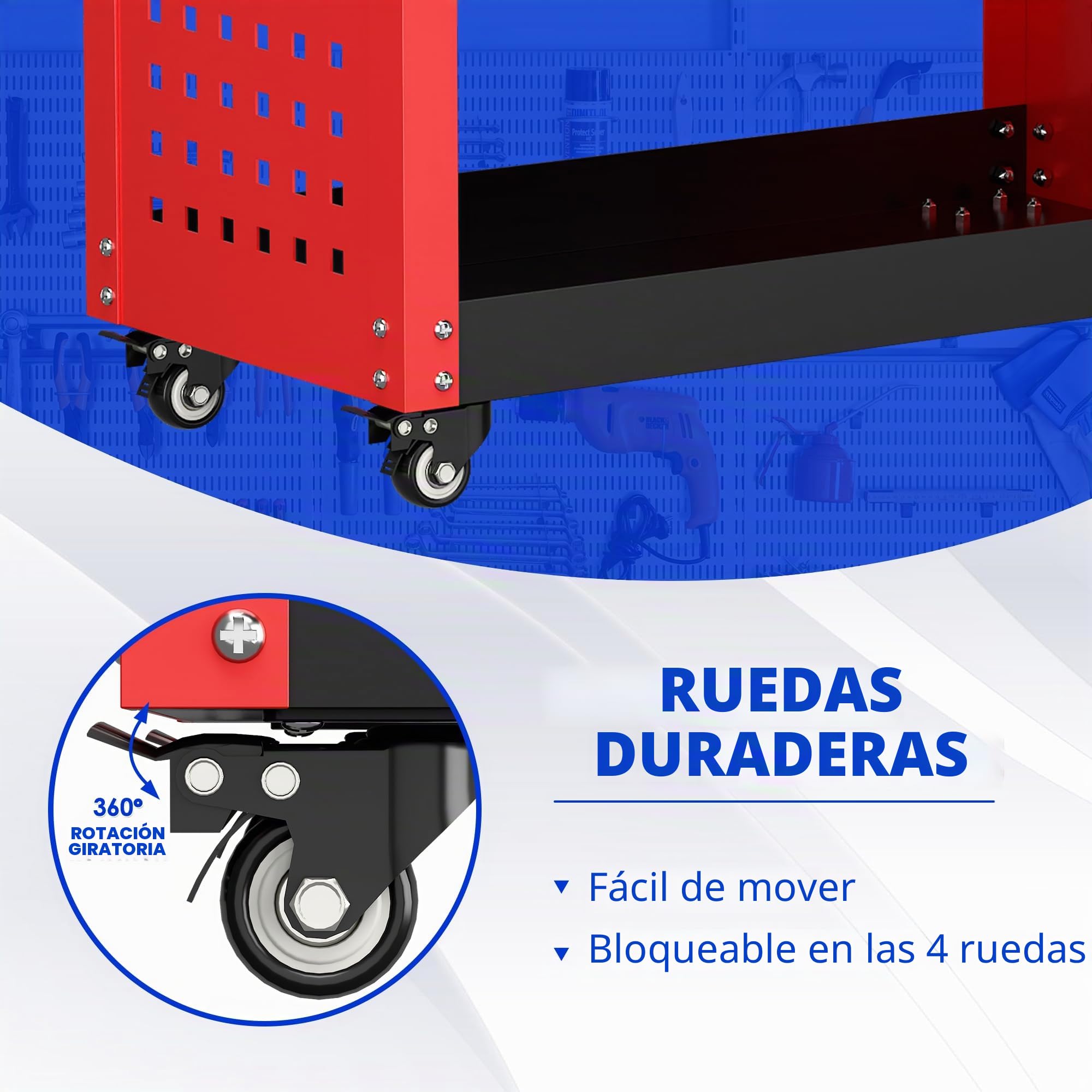SUPEER Carro de taller con ruedas para taller, 78 x 35 x 70 cm, con cajón con cerradura y tabla de pegboard, 4 ganchos, taller, capacidad de carga de 150 kg (rojo)