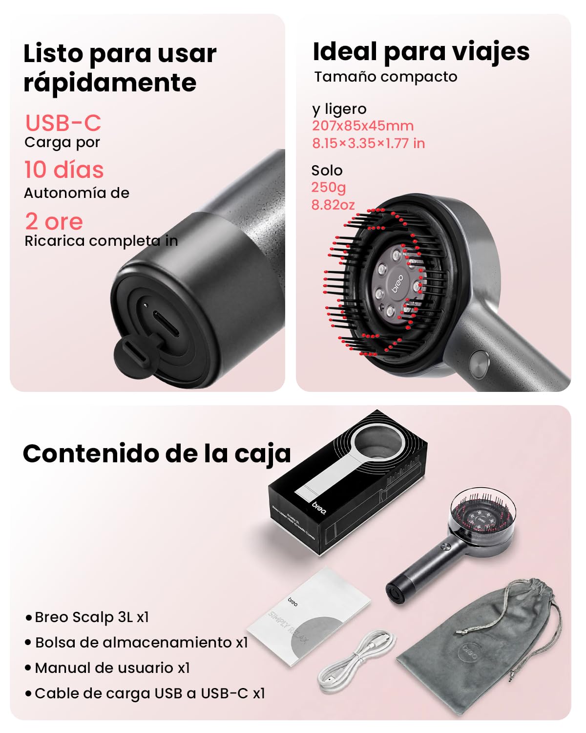 Breo Scalp 3L Masajeador eléctrico de cuero cabelludo con terapia de luz roja para el crecimiento del cabello, masajeador de cabeza para el tratamiento de la caída del cabello, regalo para mujeres