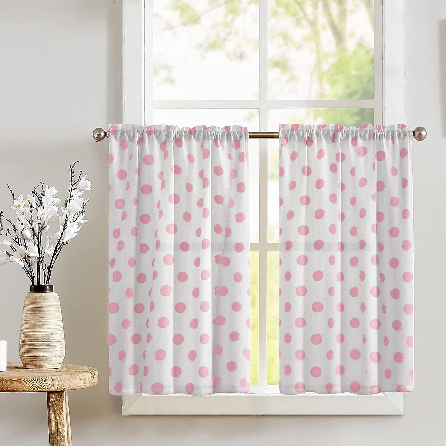 Zen Creative Designs Polka Dots Print Tier Window Valance 2 Piece Set Home Décor Bedroom Nursery Kitchen Window (Black on Red)