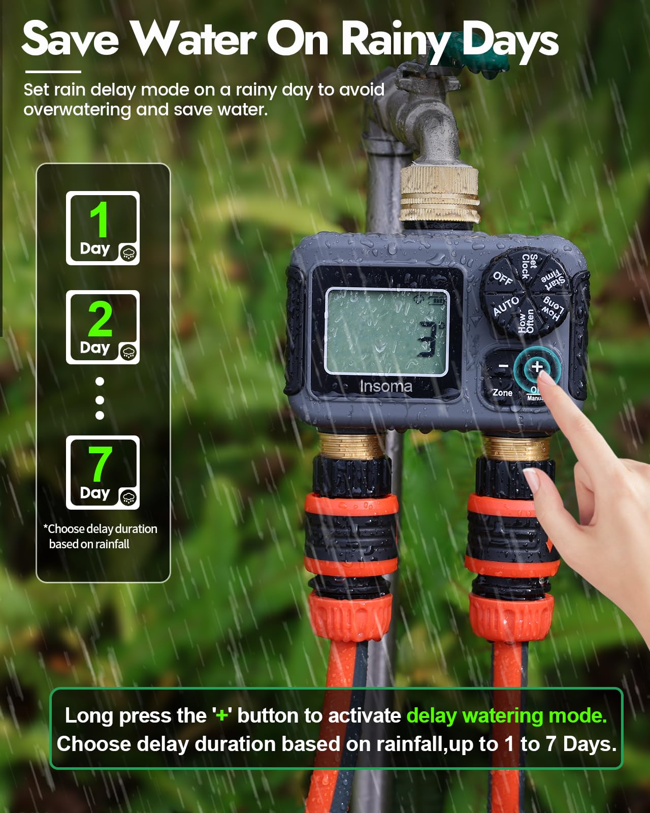 Insoma Sprinkler-Timer mit 2 Ausgängen und Messing-Einlass & Auslass, Wasser-Timer für Gartenschlauch mit automatischen/manuellen Modi + Regenverzögerung, Schlauch-Timer für Garten, Hofrasen, IPX5