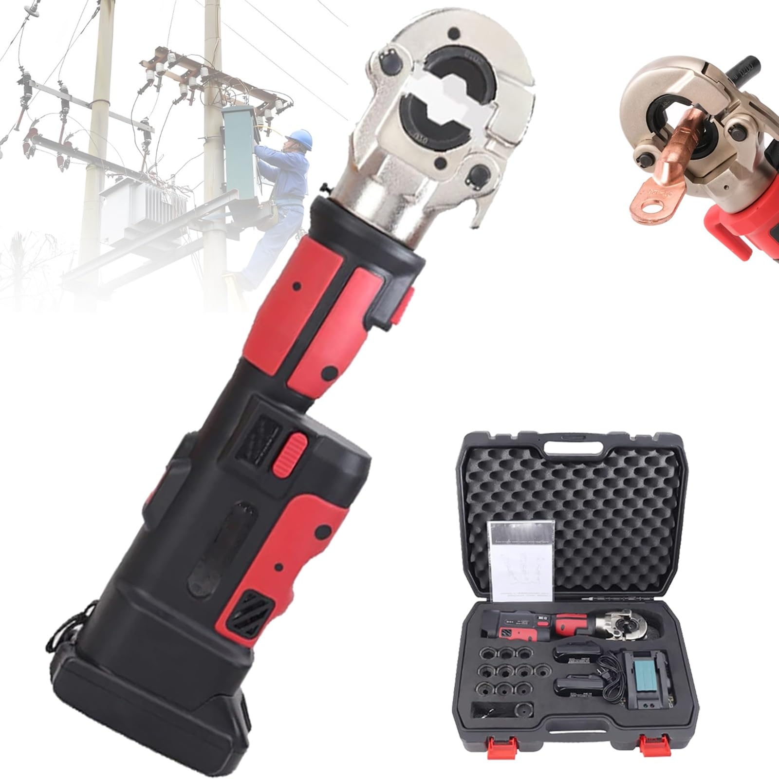 Myuyee Red Rechargeable Hydraulic Crimping Tool 10-300Mm2, Battery Powe Cable Crimper With 12 Pairs Of Dies For Copper And Aluminum Terminals (Red)