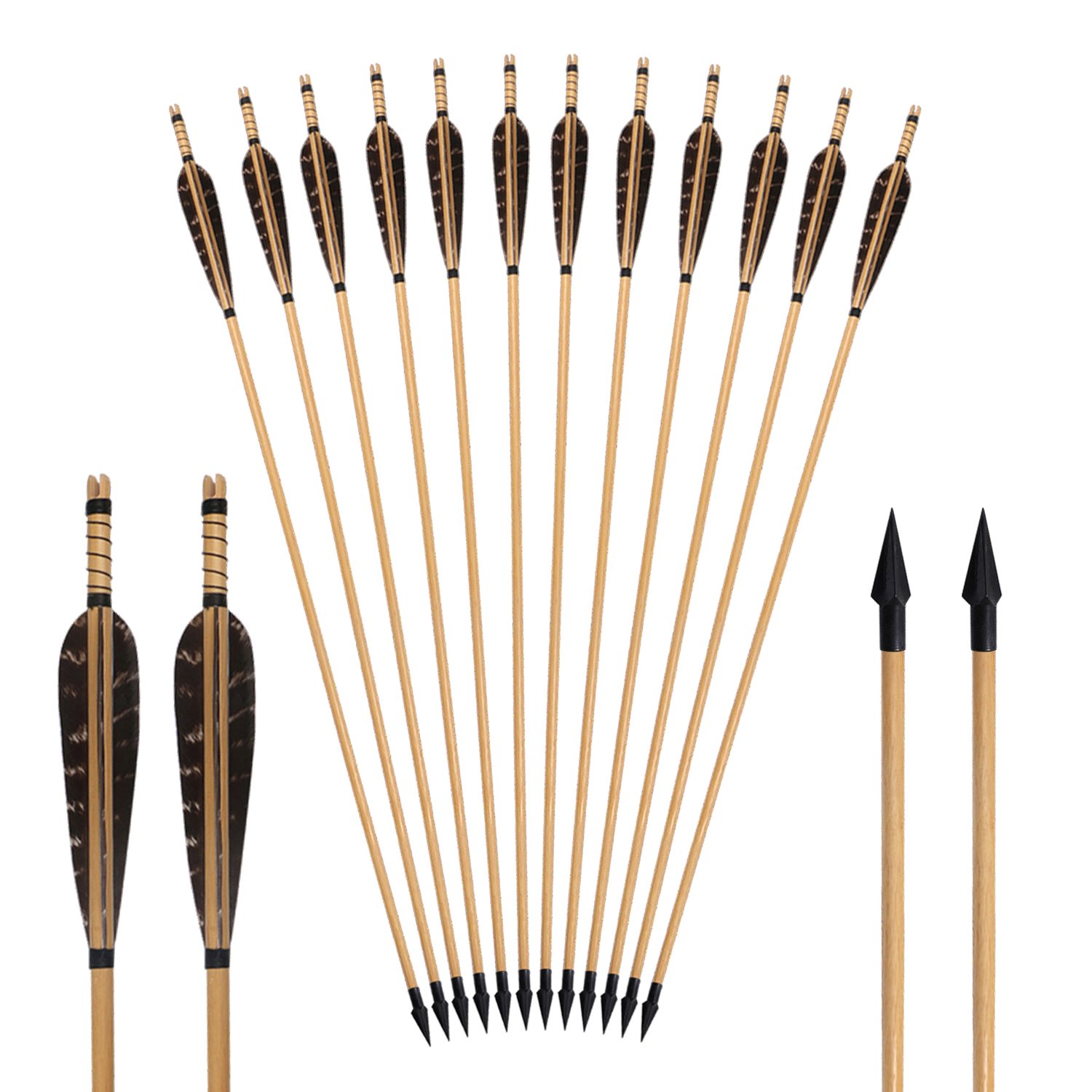 Flèches Tir à L'Arc MAK - 6 Pièces Bois 80cm, Plumes Dinde, Pour Arc Courbe