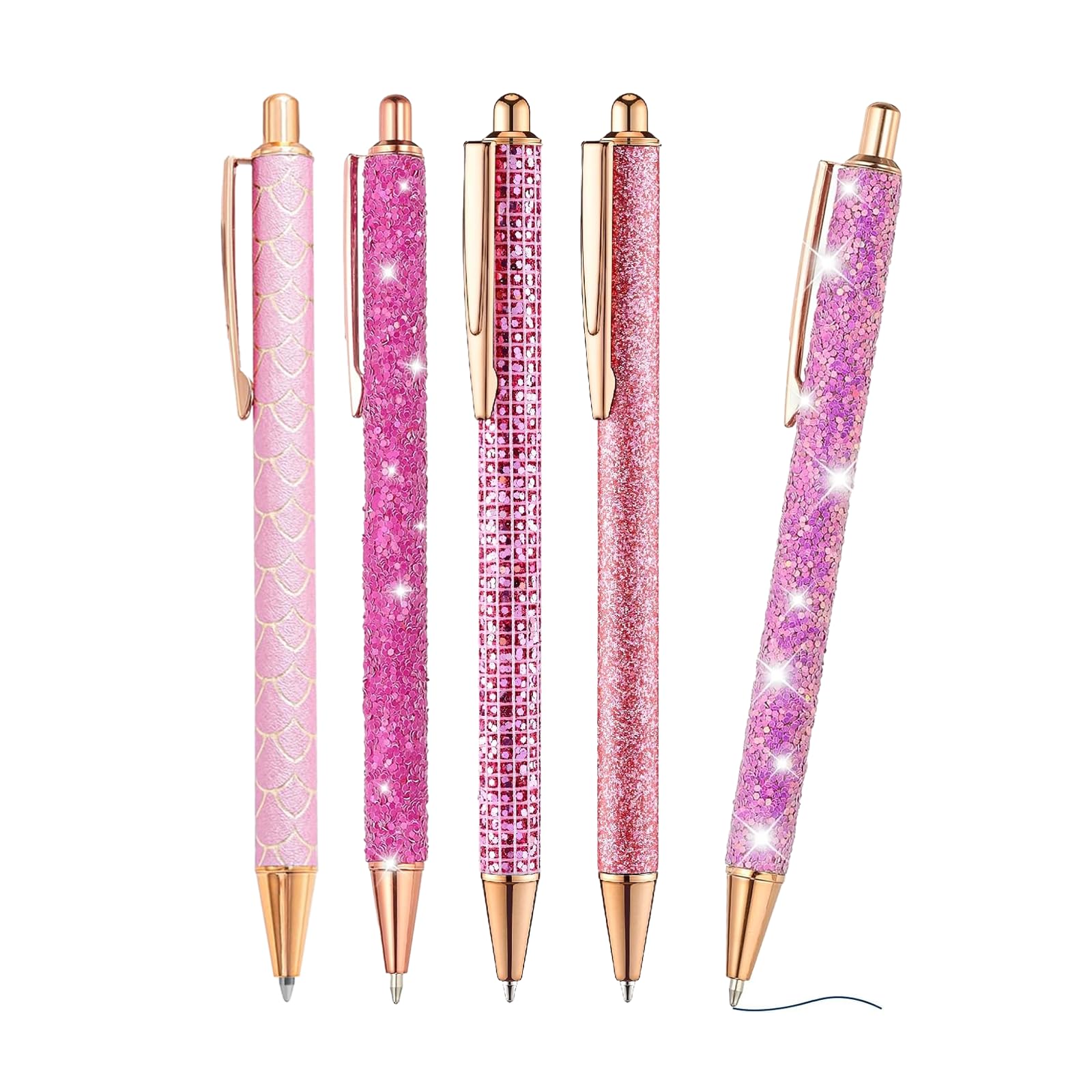 Yolkify Pink Pen Set, 5 Fancy Pens for Ladies, 1.0mm Retractable Black Ink Ballpoint Pen - Bling Metal Cute Writing Instruments for Teachers Day Mother Birthday Gifts