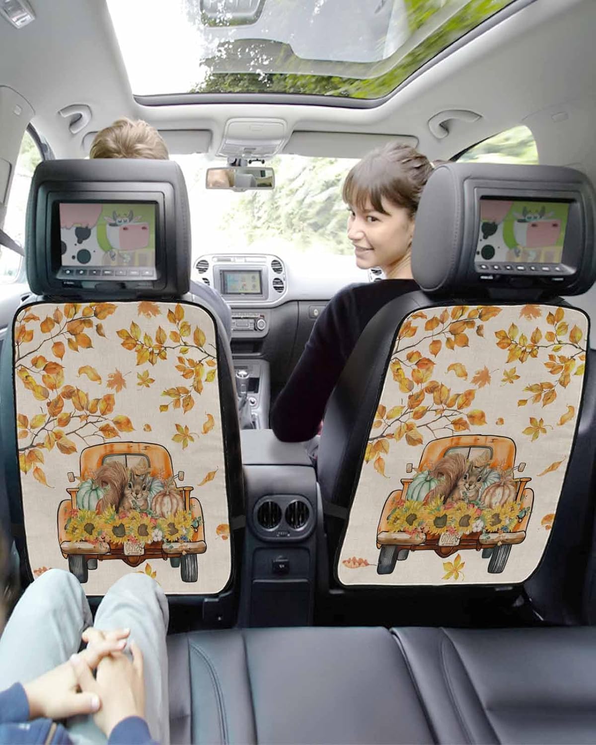 T&H XHome Car Seat Protector, 2 Pack Kick Mats with Organizer - 3 Pocket Storage, Fall Squirrel Sunflower Pumpkin Leaves Linen Back Seat Cover for Kids Universal Fit Automotive Interior Protectors
