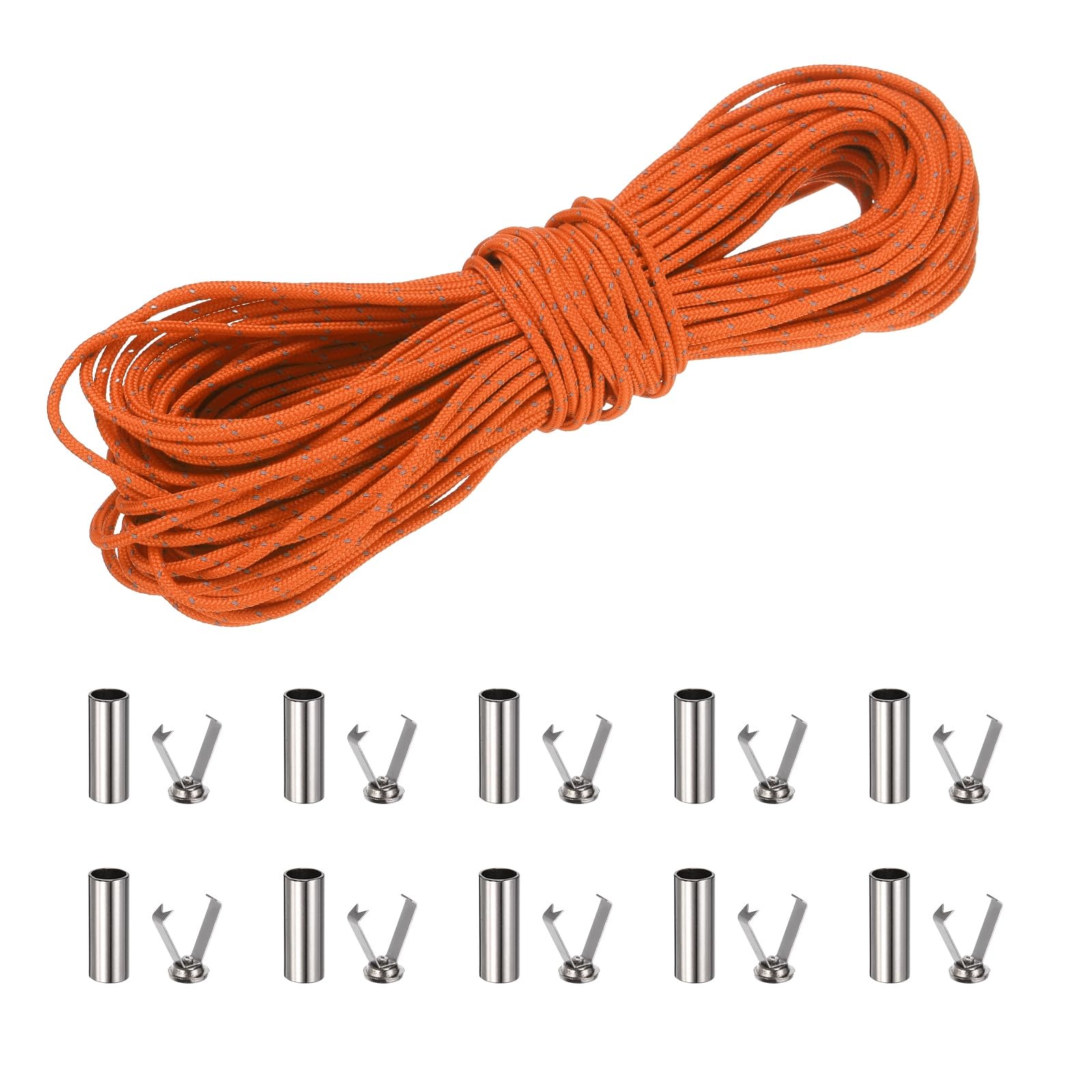 sourcing map 2mm Reflective Guyline Camping Paracord, 65ft Thin Reflective Cord Rope with Cord End Caps for DIY Shoe Laces, Tarp Hiking Tent Camping, Orange