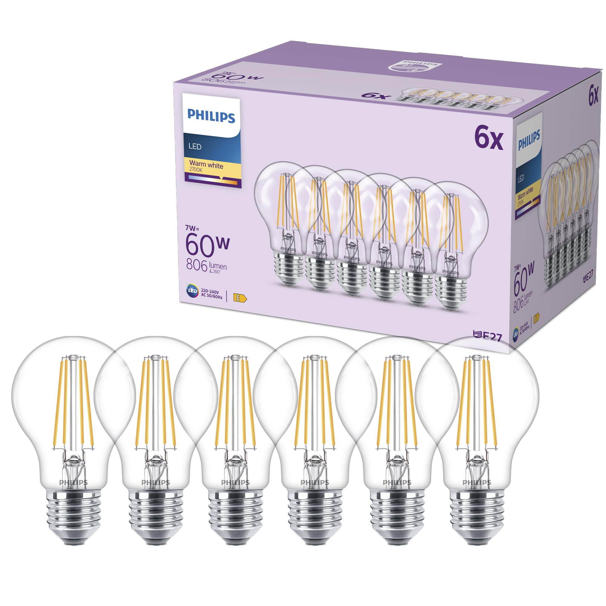 Philips Philips Classic A60 LED Bulb, 60 W, Clear, E27 Socket, Warm White 2700 K, 6 Pack
