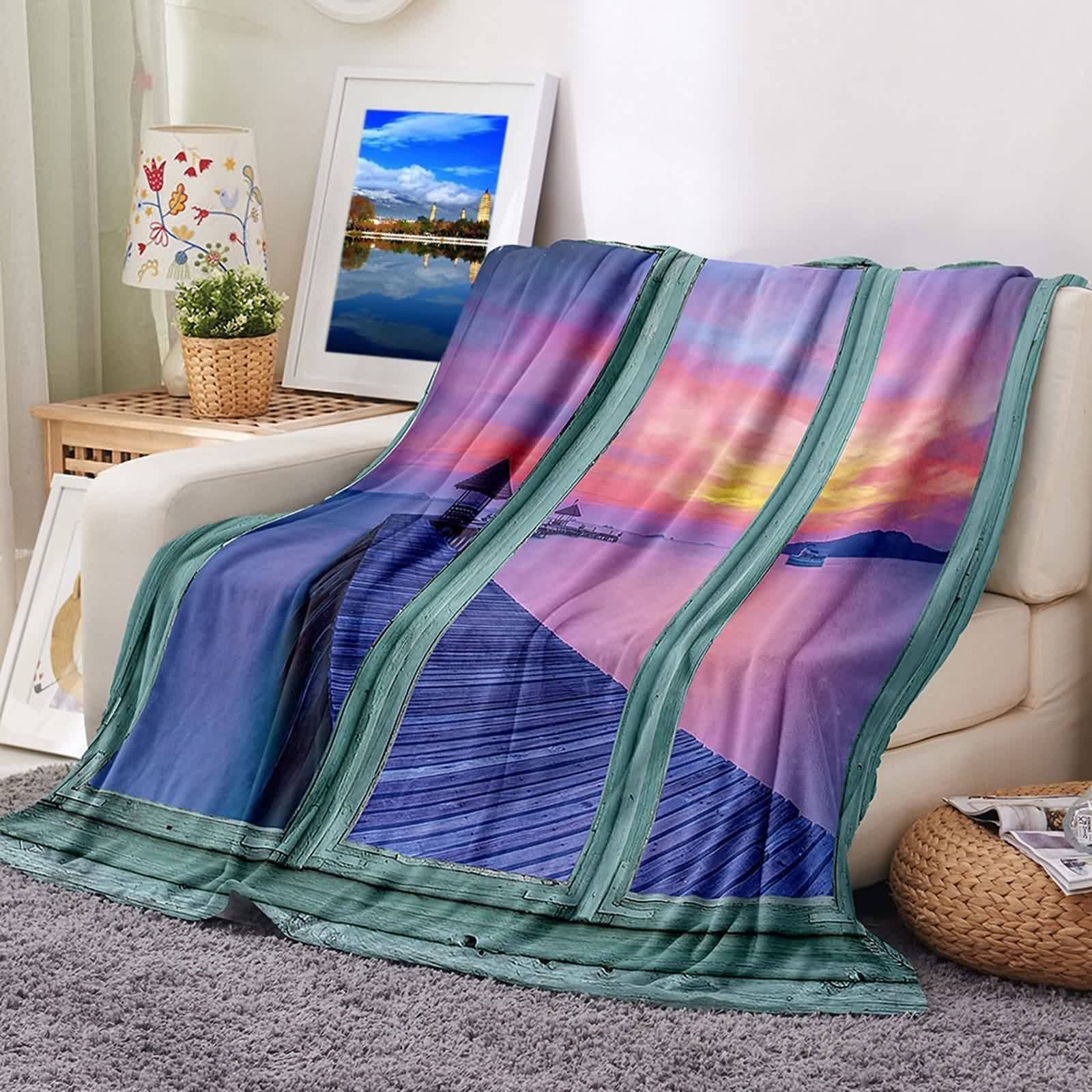 Coperta estetica, soffice coperta in flanella gialla viola tramonto lungomare 180 x 220 cm, per divano letto, ufficio, auto, morbida e calda