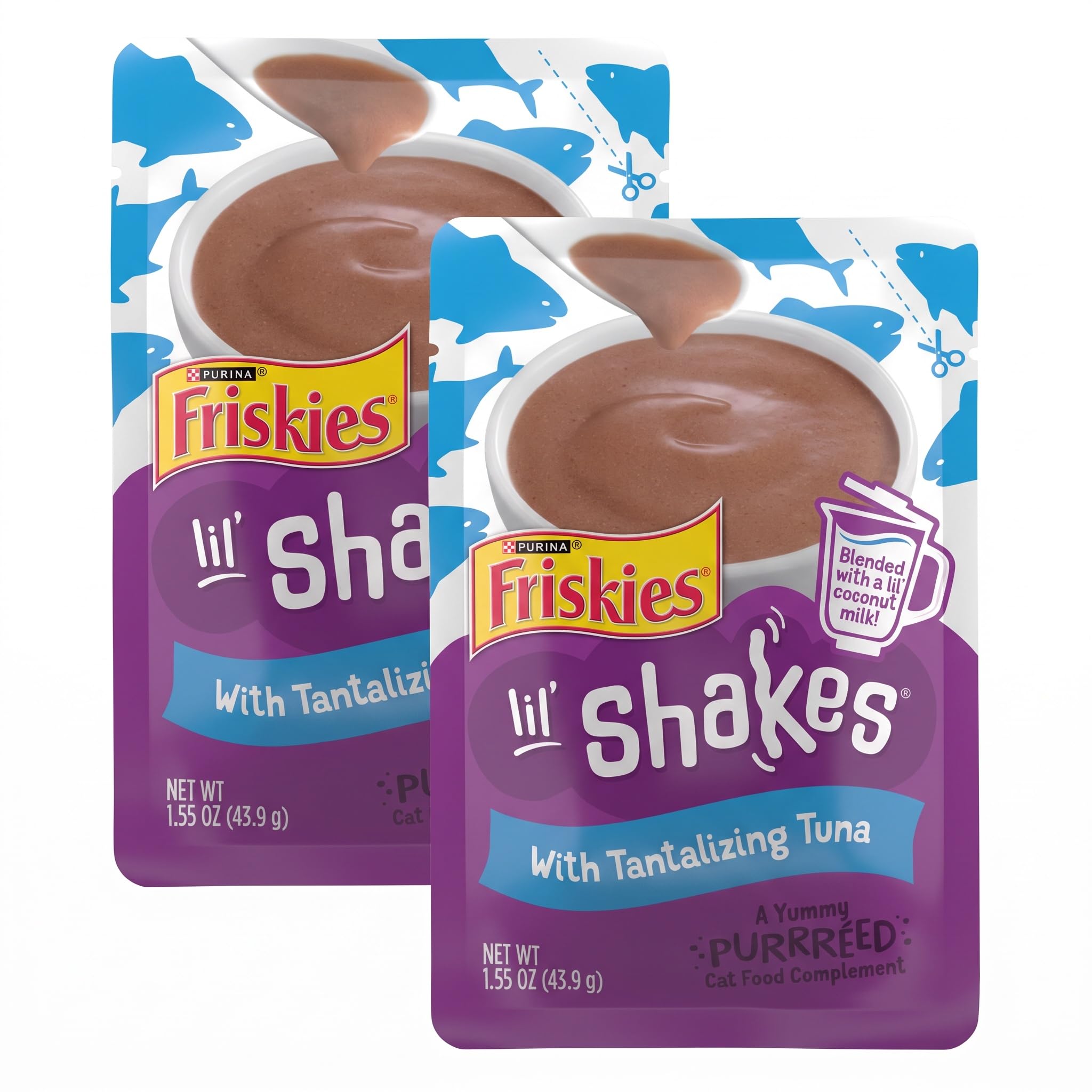 Friskies Purina Pureed Cat Food Topper,Lil’ Shakes with Tantalizing Tuna Lickable Cat Treats - 1.55 oz. Pouches,(Pack of 32)