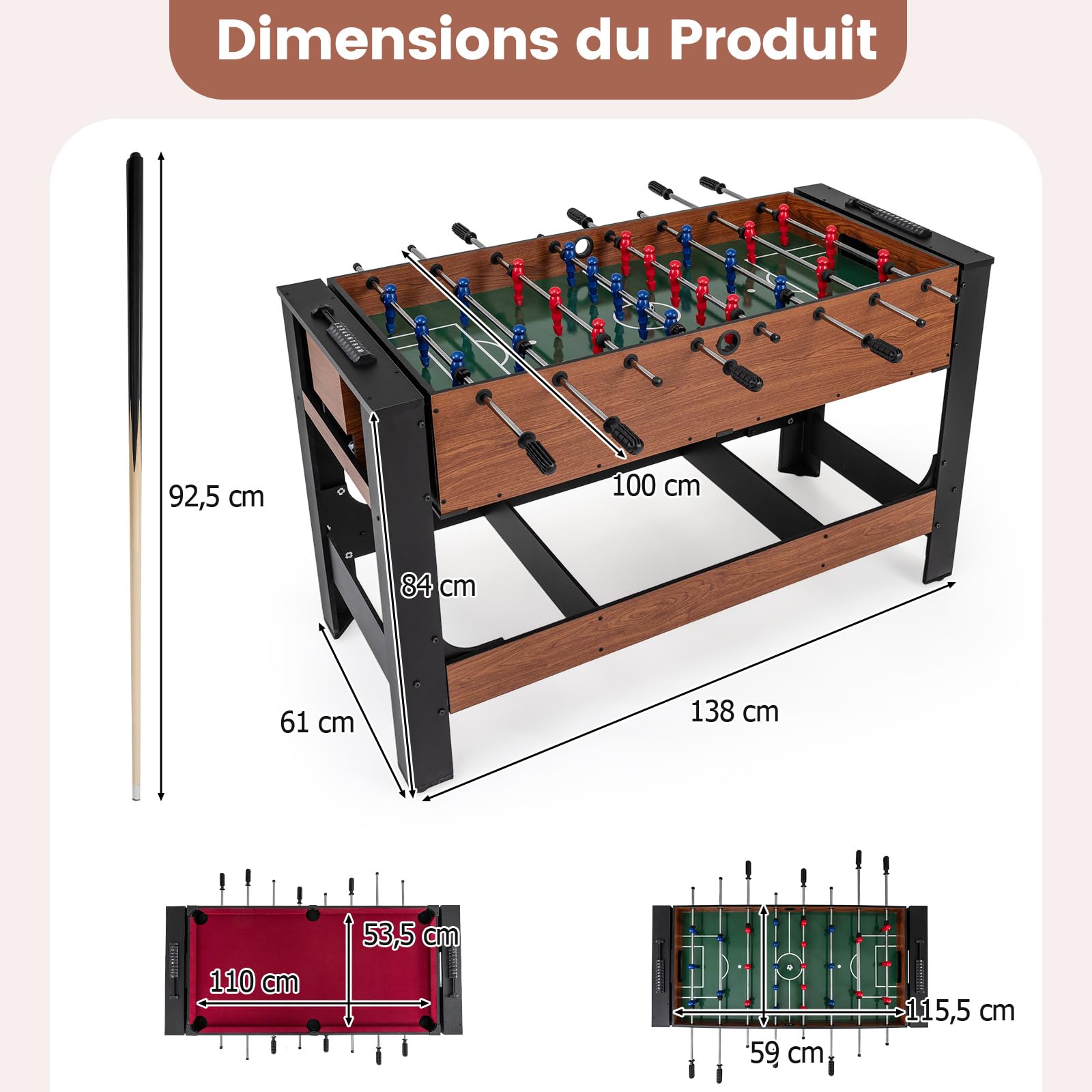 DREAMADE Table de Jeu Pivotante, Baby-Foot & Billard 2 en 1, Table d'Arcade Rotative avec Cadre en Métal, Pack d'Accessoires de Jeu pour Salle de Jeux à Domicile, sous-Sol, Adolescents & Adultes