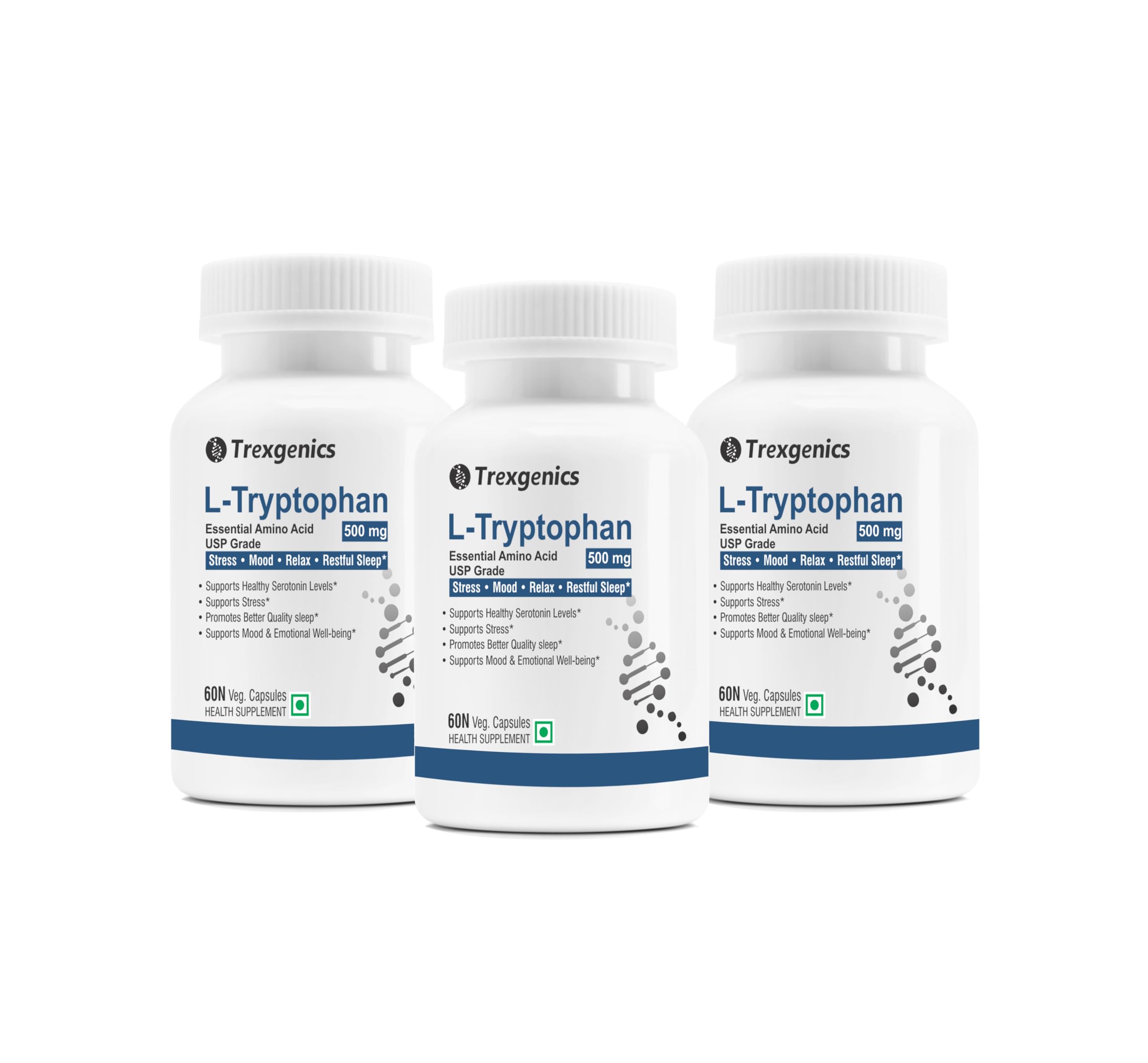 Trexgenics L-TRYPTOPHAN 500mg Essential amino acid, Stress, Mood, Relax, Restful Sleep Support (60 Vcaps) (3)