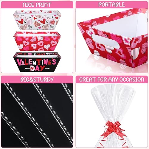 Miniatura 3 de Tatuo Juego de 12 cestas de San Valentín para regalos vacías con bolsas de celofán, bandeja de mercado de corazón de San Valentín, lazos, kit de