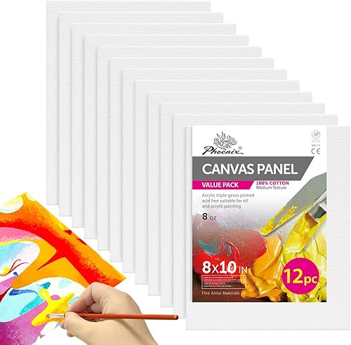 PHOENIX - Juego de 12 paneles de lienzo de algodón con triple imprimación para pintura al óleo y acrílica