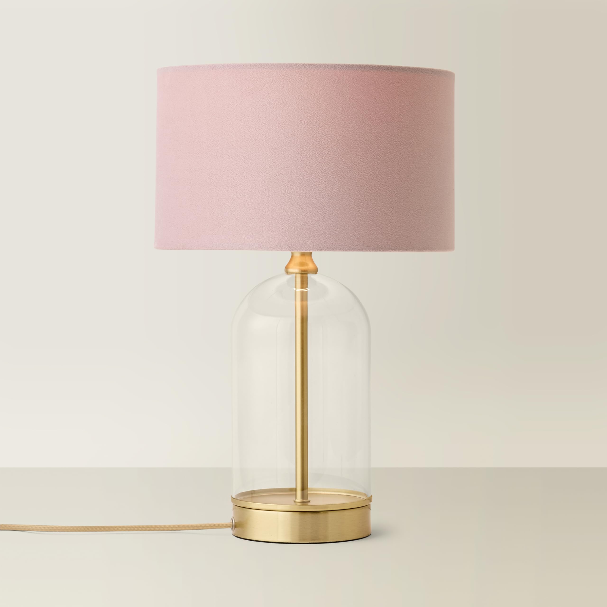 ValueLights | Glass and Gold Metal Table Lamp with a Pink Velvet Lampshade | Home Décor, Bedside & Desk Lamp | Includes Bulb [3000K Warm White]