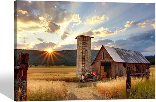 Miniatura 1 de Cuadro de lienzo de pared de granja, obra de arte de granja, paisaje de granero, escenas de campo, vista al atardecer, pintura de pueblo colorido,
