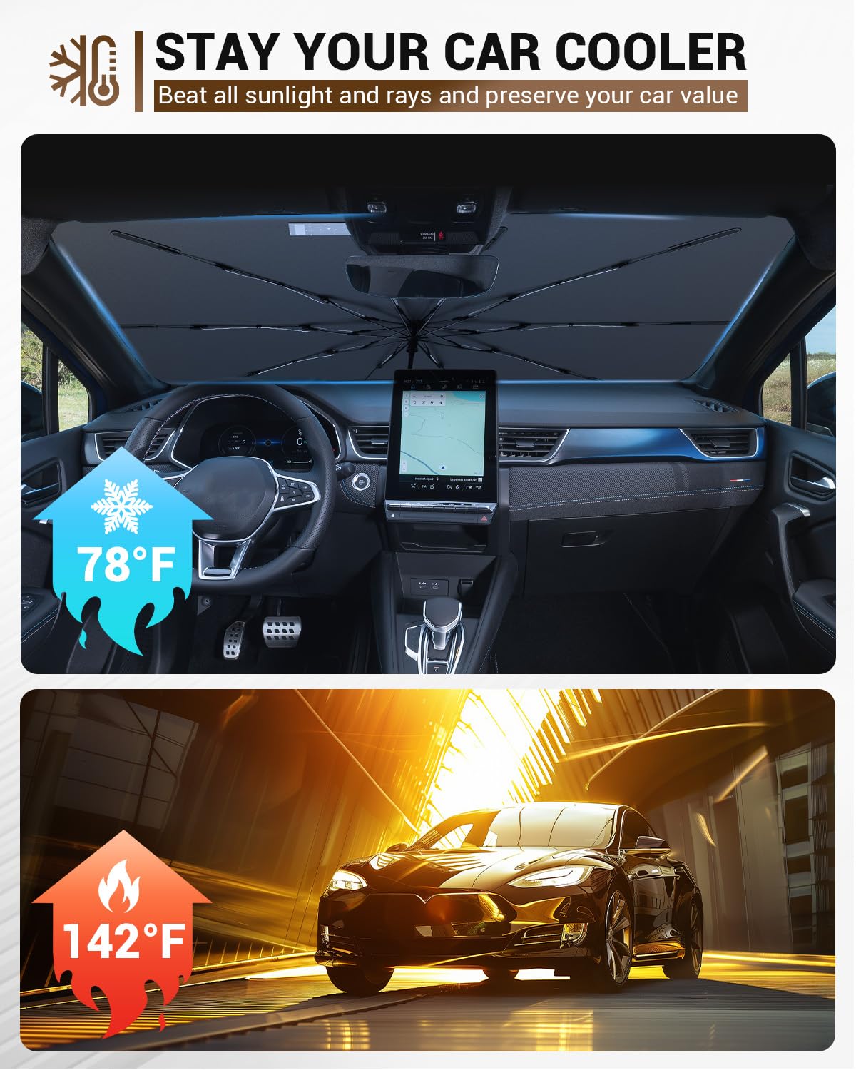 YEE PIN Paraguas parasol de alto rendimiento para coche de fibra de vidrio compatible con Renault Captur 1 2013-2019/2 2020-2025 Sombrilla parasol para coche, plegable, protección contra los rayos UV.