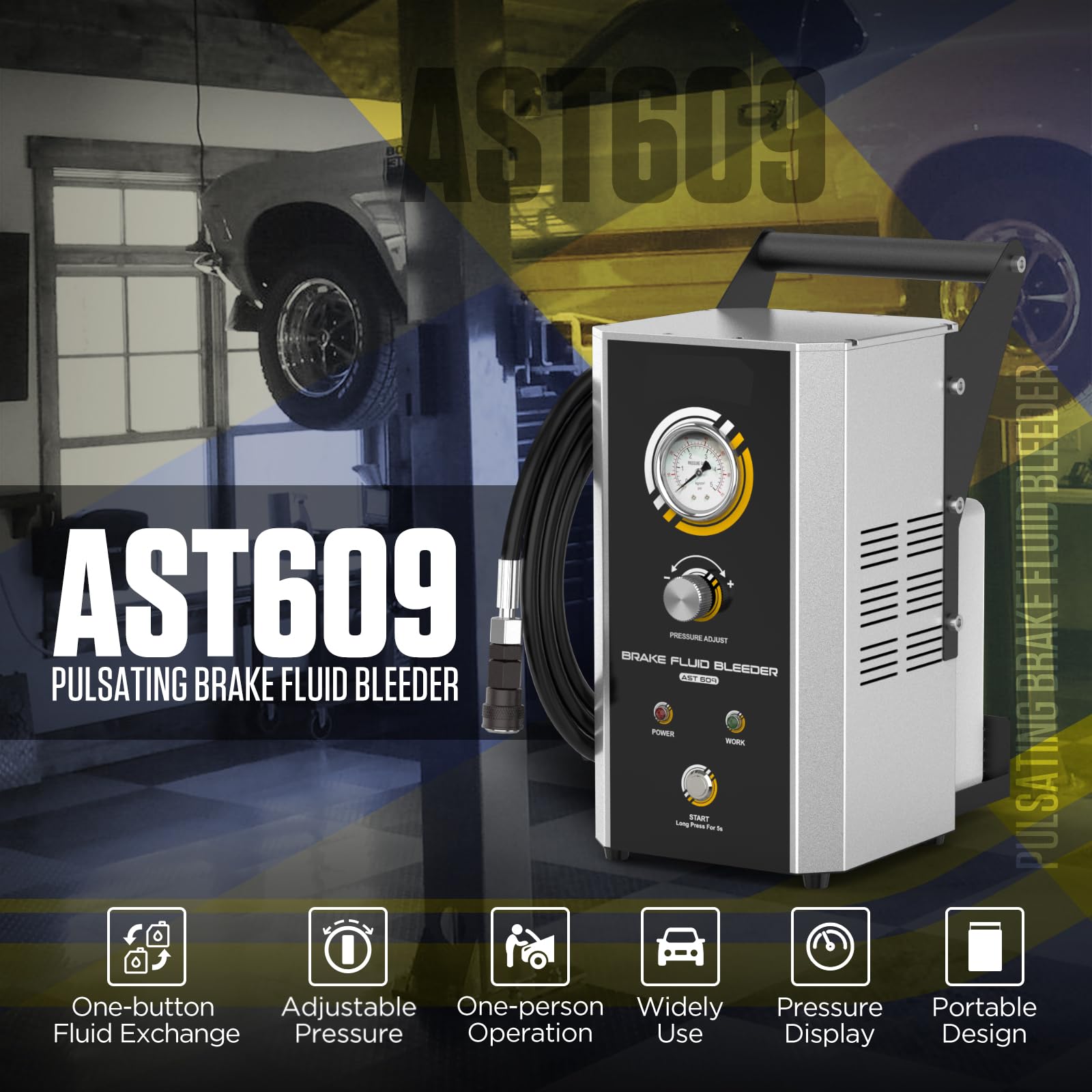 Brake Fluid Bleeder,AST609 Pulsating Brake Fluid Bleeder,Adjustable Pressure Automotive Brake System Bleeding Tool,Automatic Brake Oil Exchanger Tool With One-button Fluid Exchange,7pcs Adapters,110V