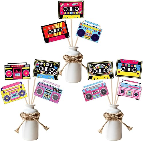 22 piezas de decoraciones de fiesta de los años 80, decoraciones retro de los años 80, cinta de cassette boom, centro de mesa, palillos de radio,