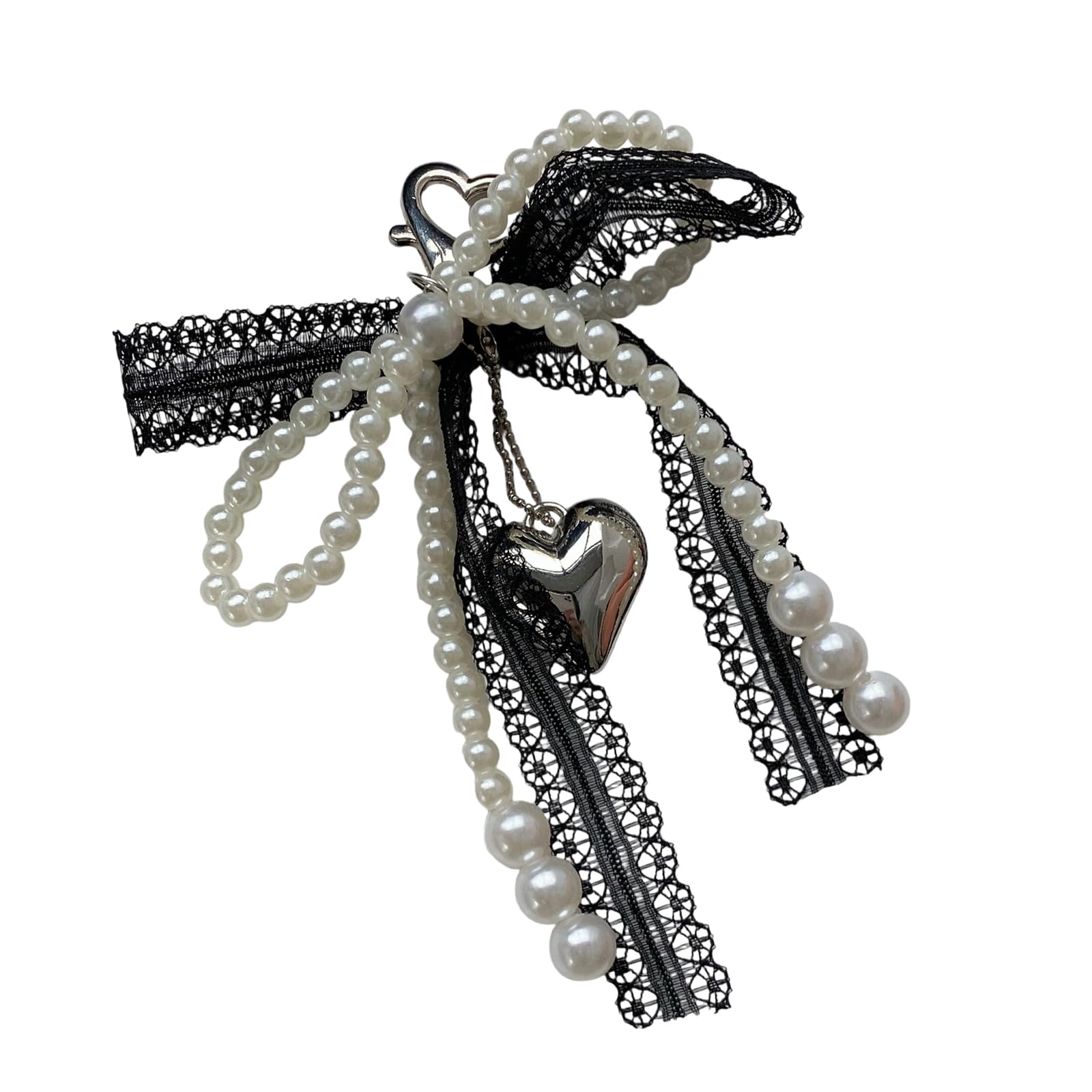 AOYUDJ Elegant Lace Bows Keychain With Faux Pearls Detail For Women Girls Fashionable Bag Accessory Alloy Keyring, Black, As picture shown
