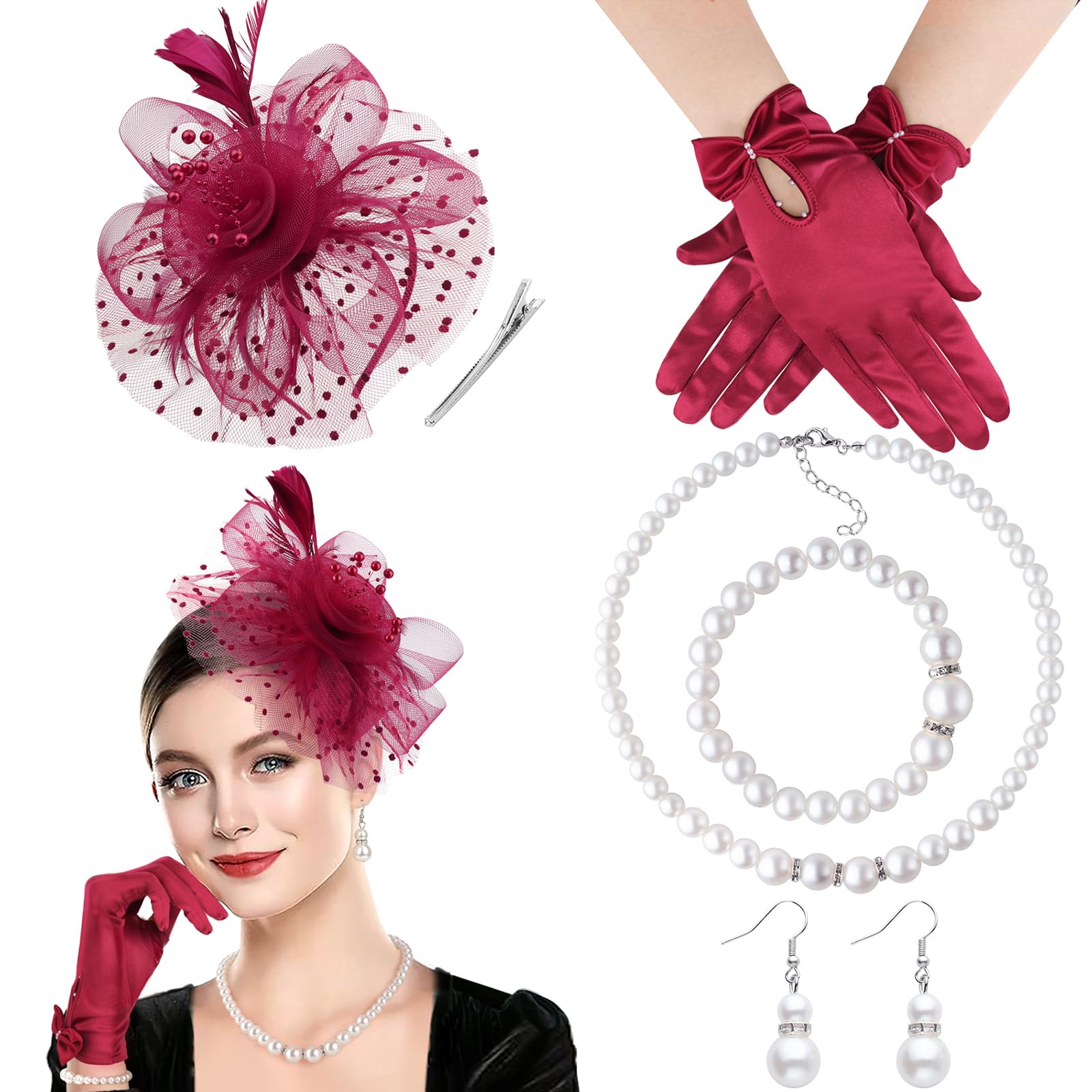 DRESHOW Fascinators Hat for Women Veil Mesh Tea Party Hat Headwear Feather Derby Hat Pillbox Hat and Gloves Pearl Jewelry Set for Cocktail 1920s Party