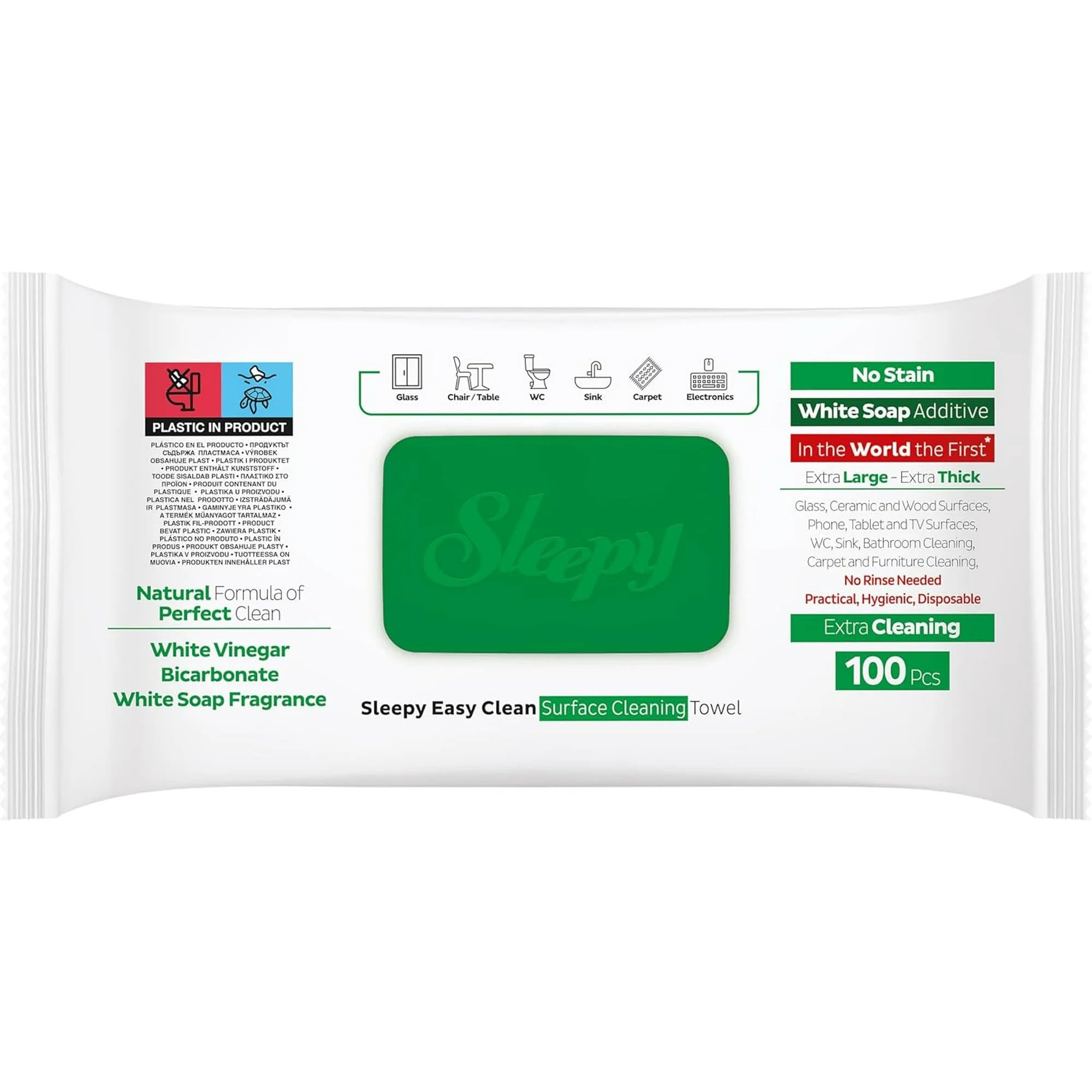 Sleepy Lot de 2, 3 et 6, lingettes nettoyantes tout usage, formule au vinaigre blanc et au bicarbonate de soude, sans produits chimiques, 100 pièces (lot de 2)