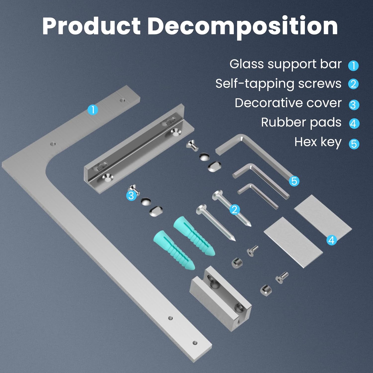 Shower Glass Support Bar, Both Sides Available, Frameless Bathroom Glass Clamp L Shape Panel Bracket, No Drill，Fixed Shower Panel to Wall (BRUSE)