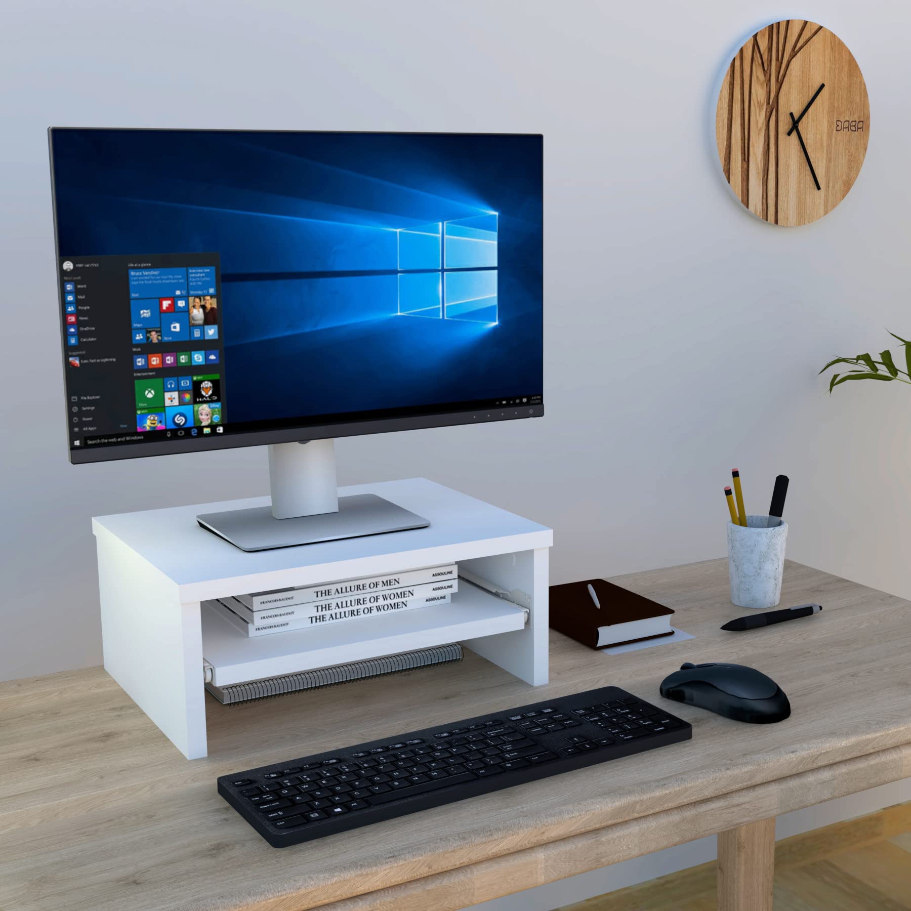 Henor Soporte Monitor de Madera con Bandeja Extraíble 42 x 32 x 18 cm. Soporta 50 Kg. Blanco