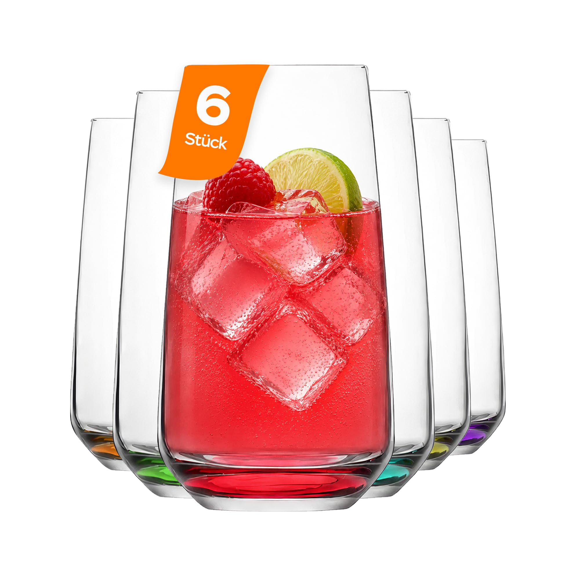 LAV Modern Vasos de Cristal Agua con Base de Colores, Copa de Coctel Set 6 480ml 100% SIN PLOMO Vasos Largos Vasos Altos de Vidrio, Vasos Zumo, Vasos Grandes Cristal Vaso Cocktail, Mojitos