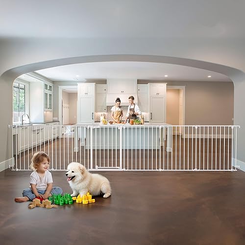Puerta extra ancha para bebés de 150 pulgadas, puerta de seguridad infantil para patio de juegos, puertas para perros con puerta de cierre