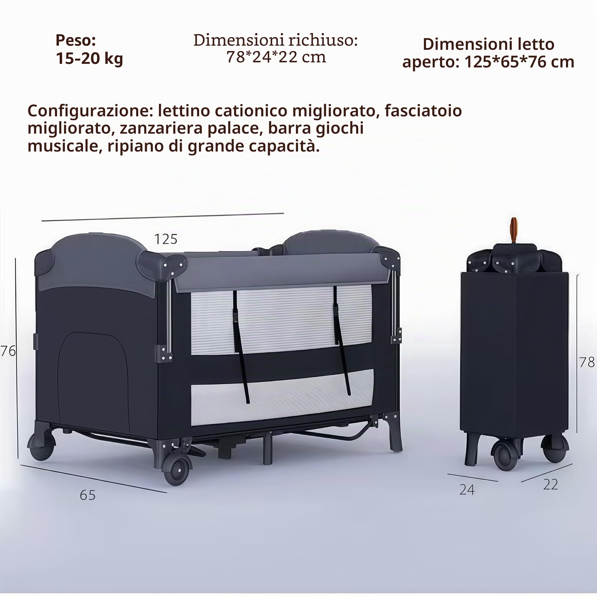 MoLi Lettino da Campeggio per Bambini con Fasciatoio, Altezza Regolabile Culla da Campeggio, Comodo e Robusto Lettino Bambino 0-3 Anni, Pieghevole e Mobile Baby Bed (6602 Grey without Net)