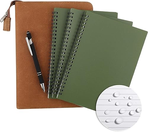 Kit de 5 cuadernos de espiral lateral resistente a la intemperie, impermeable, cubierta de tela verde, 5.7 x 8.26 pulgadas, bolígrafo resistente a