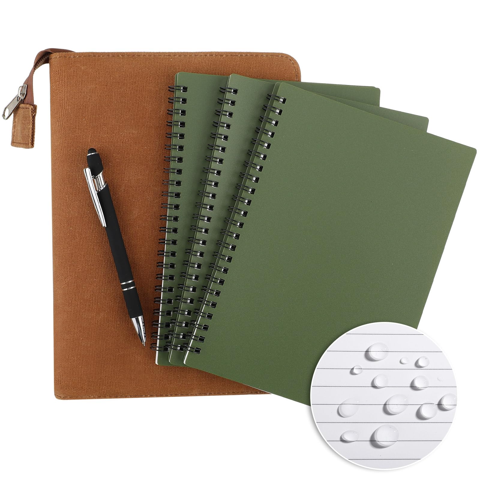 5 Pcs Weatherproof Side Spiral Notebook Kit Waterproof Notebook Green Fabric Cover 5.7" x 8.26" Weatherproof Pen for Outdoor Activities Recording